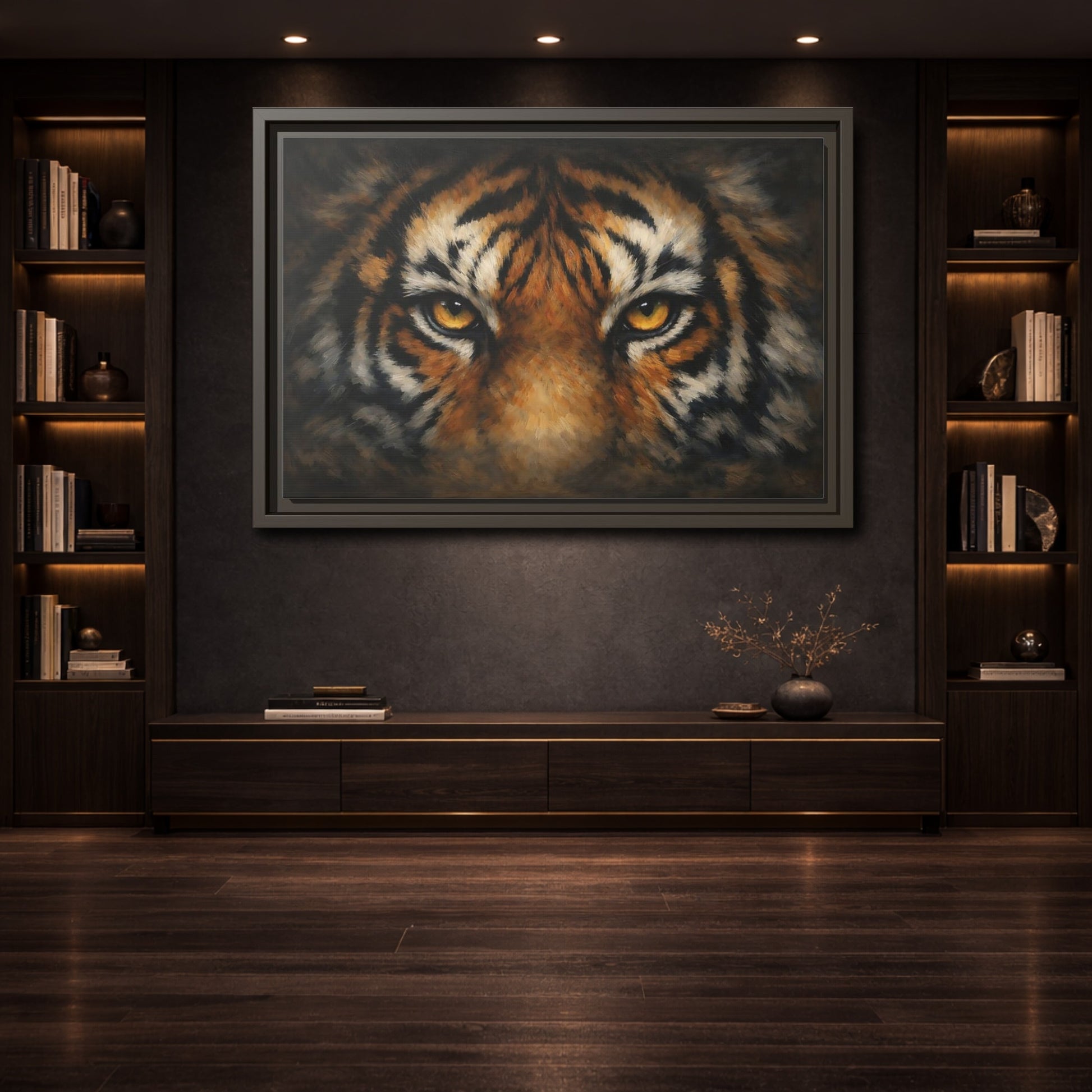Mockup 3. Animals Tiger Orange Black Tiger shown as stretched canvas wall art