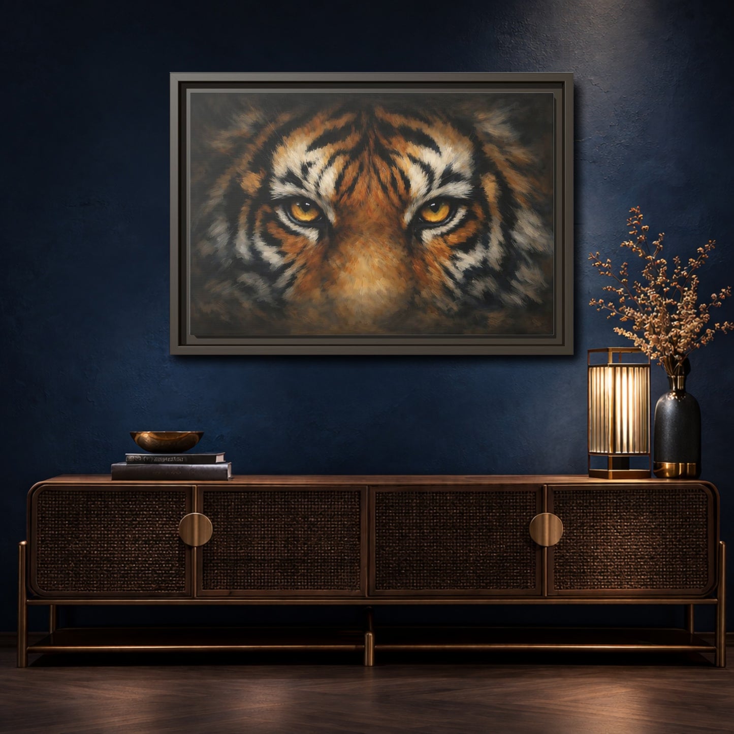 Mockup 4. Animals Tiger Orange Black Tiger shown as stretched canvas wall art