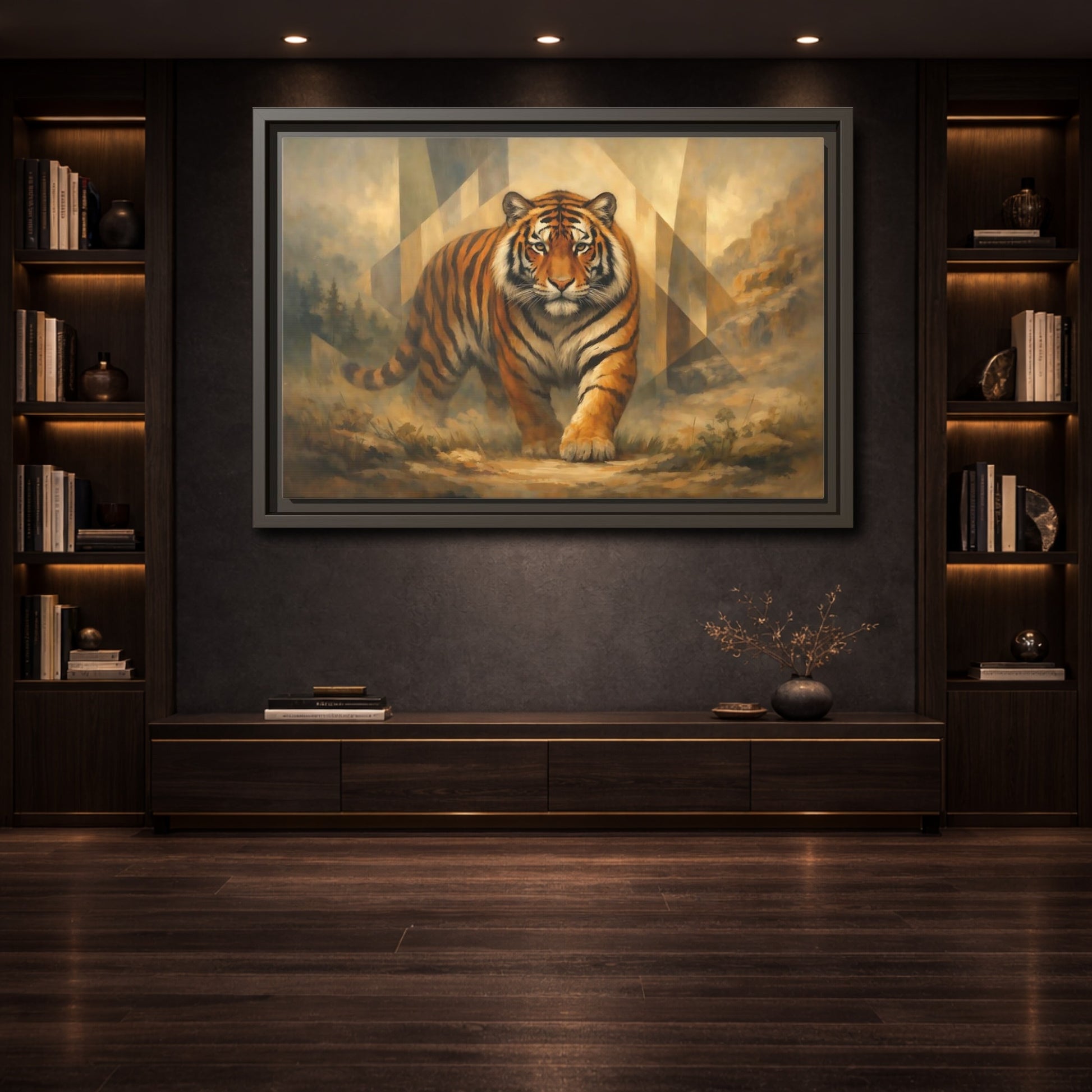 Mockup 3. Animals Tiger Orange Tiger Art shown as stretched canvas wall art