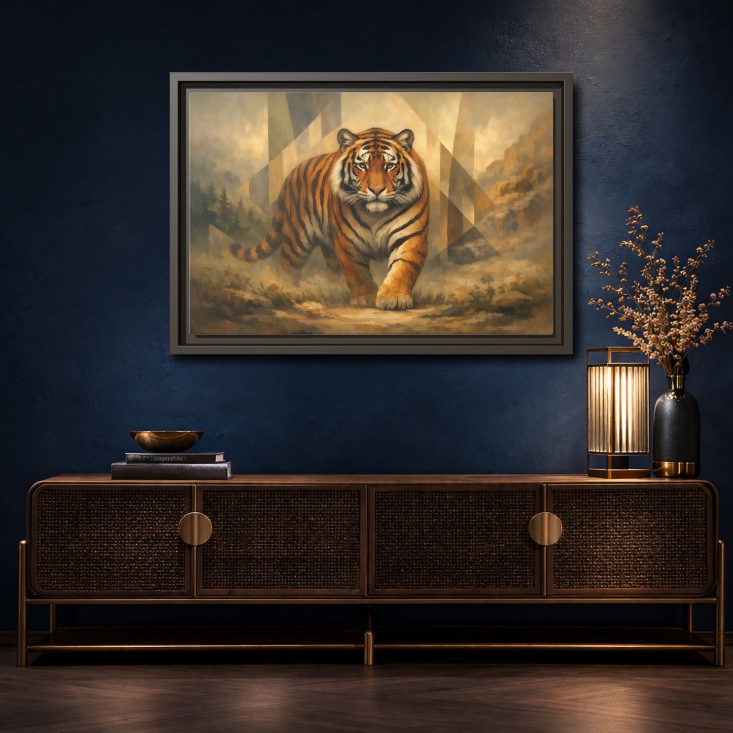 Mockup 4. Animals Tiger Orange Tiger Art shown as stretched canvas wall art