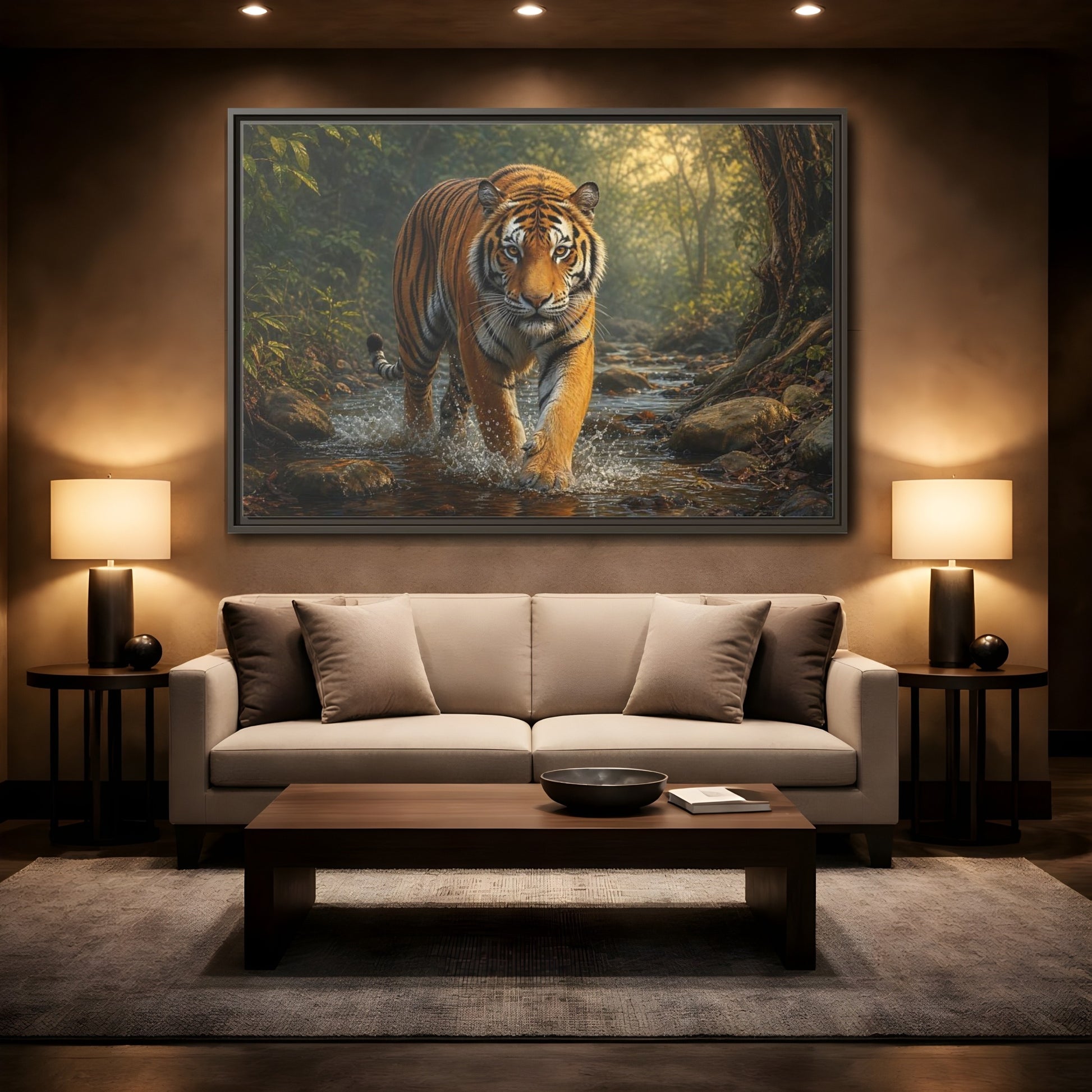 Mockup 2. Animals Tiger Orange Tiger shown as stretched canvas wall art