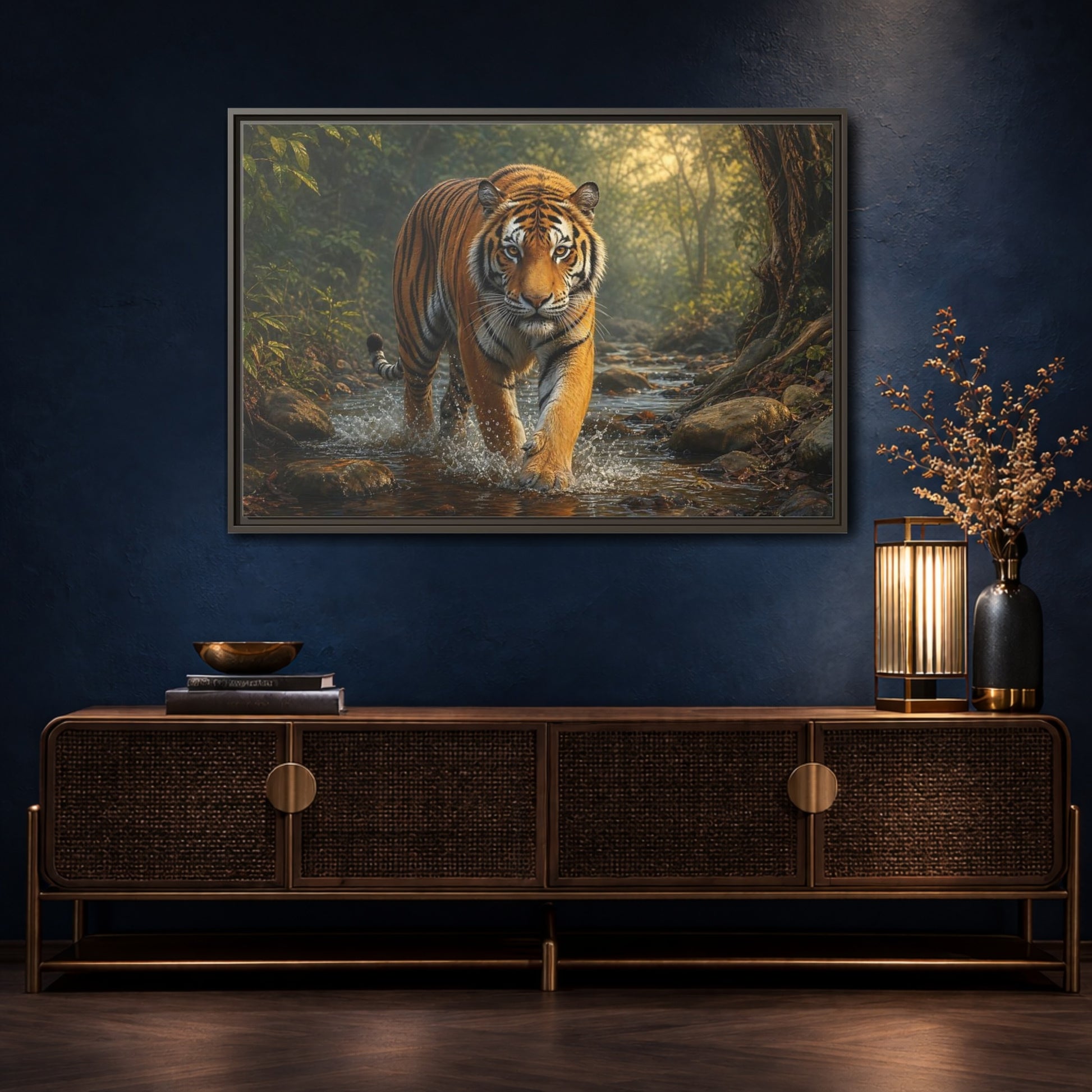 Mockup 4. Animals Tiger Orange Tiger shown as stretched canvas wall art