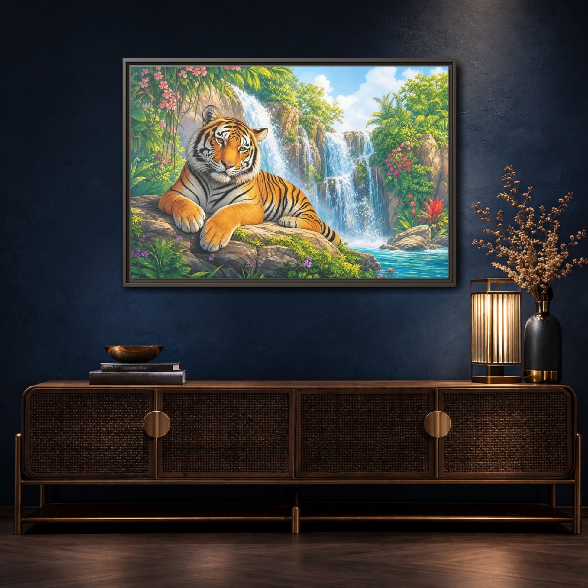 Mockup 4. Animals Tiger Orange Tiger Waterfall shown as stretched canvas wall art