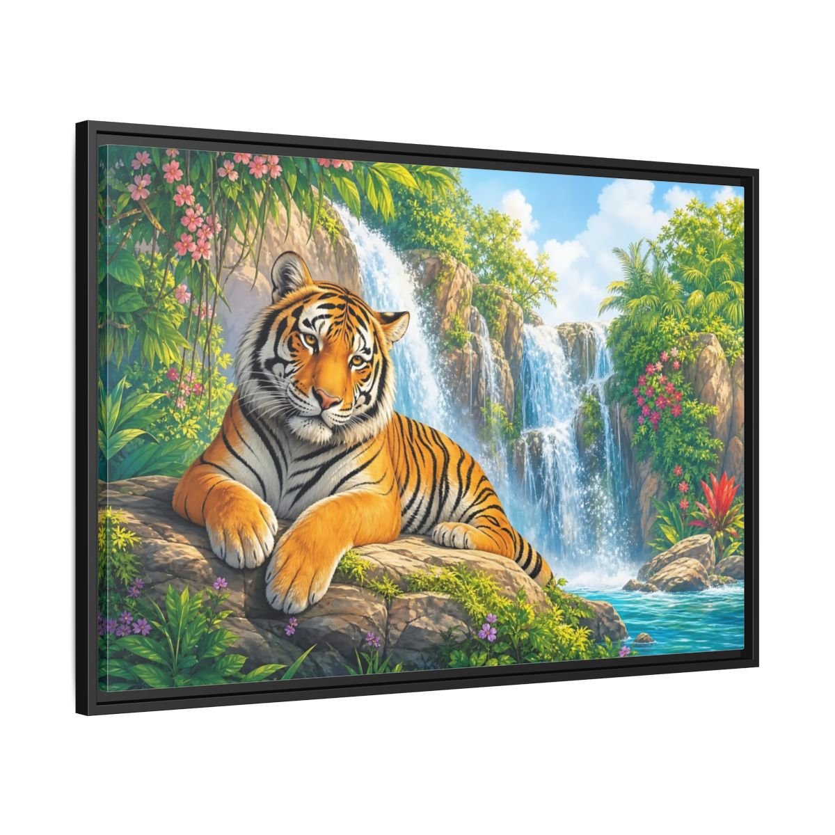 Animals Tiger Orange Waterfall Framed Canvas Print – Vibrant Living Room, Large Wall - YesArtYes