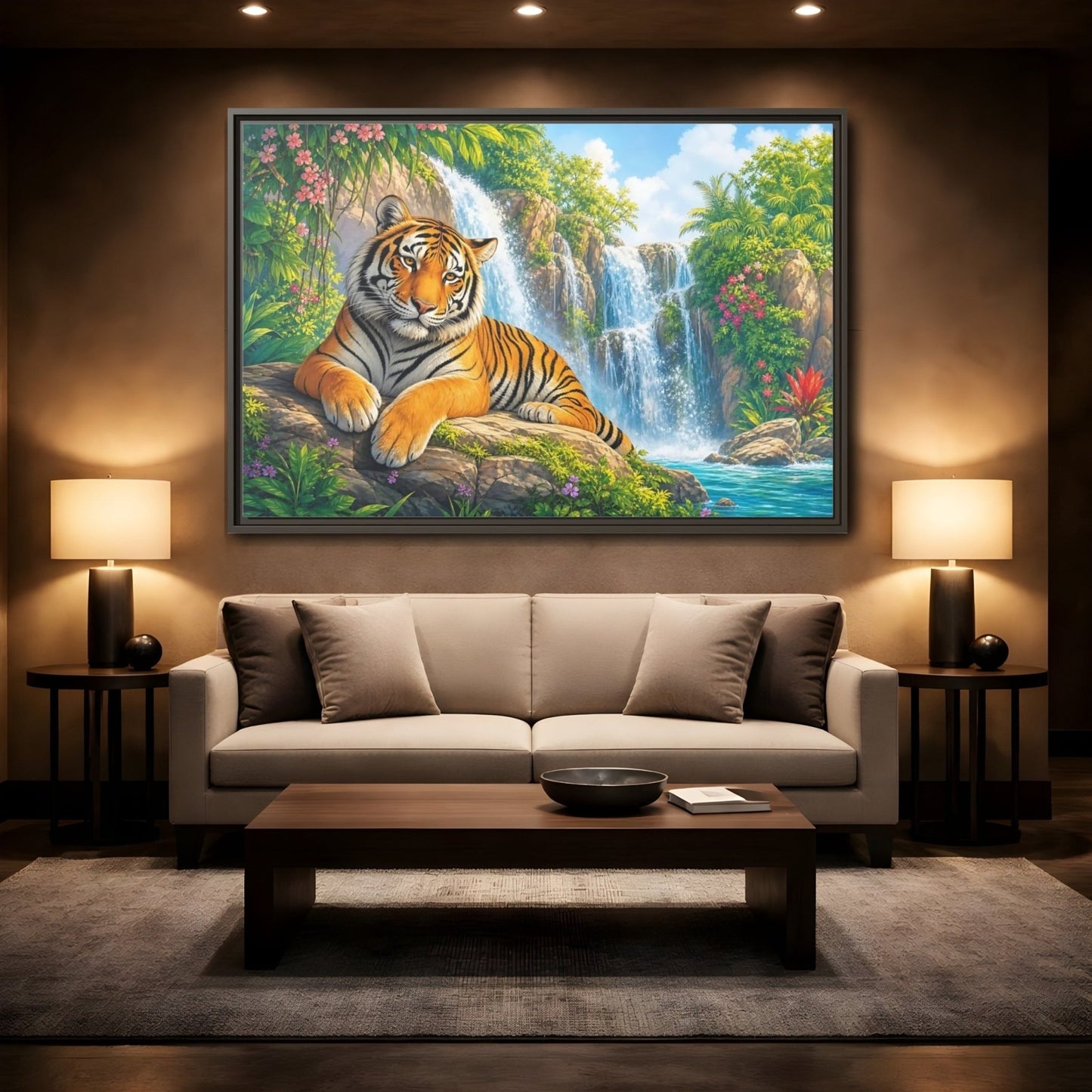 Animals Tiger Orange Waterfall Framed Canvas Print – Vibrant Living Room, Large Wall - YesArtYes