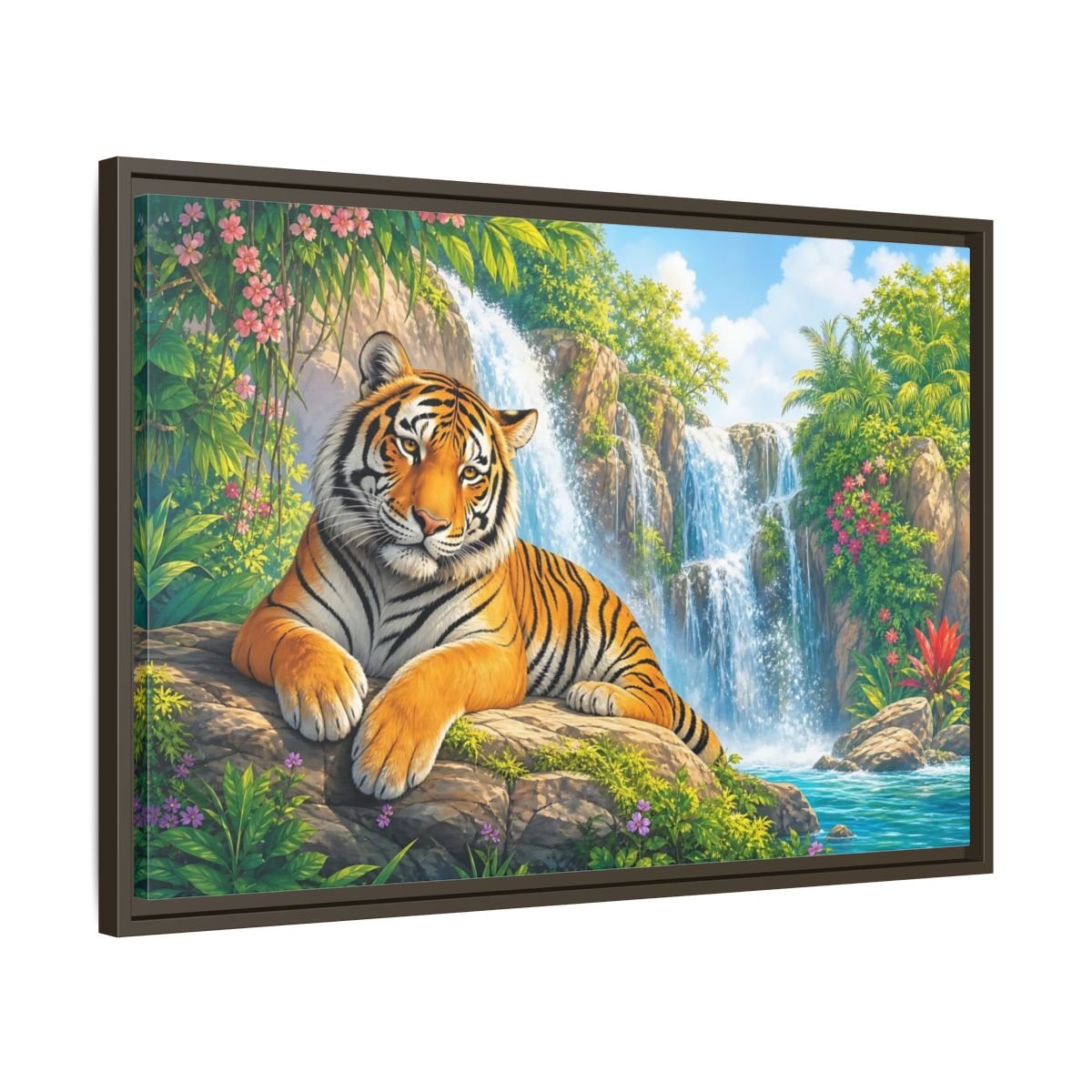 Animals Tiger Orange Waterfall Framed Canvas Print – Vibrant Living Room, Large Wall - YesArtYes