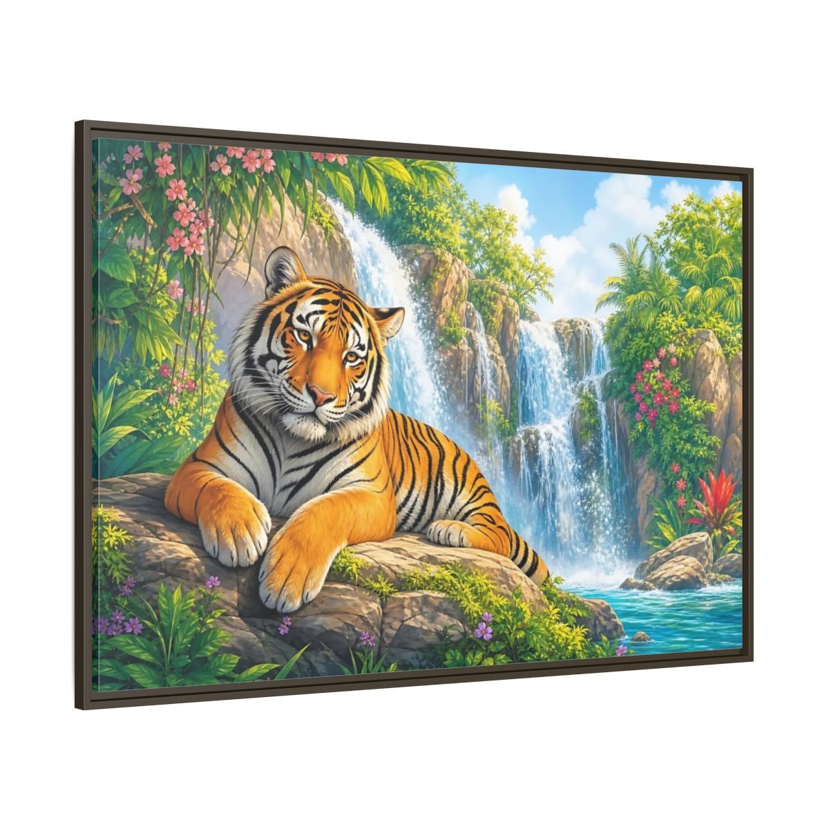 Animals Tiger Orange Waterfall Framed Canvas Print – Vibrant Living Room, Large Wall - YesArtYes