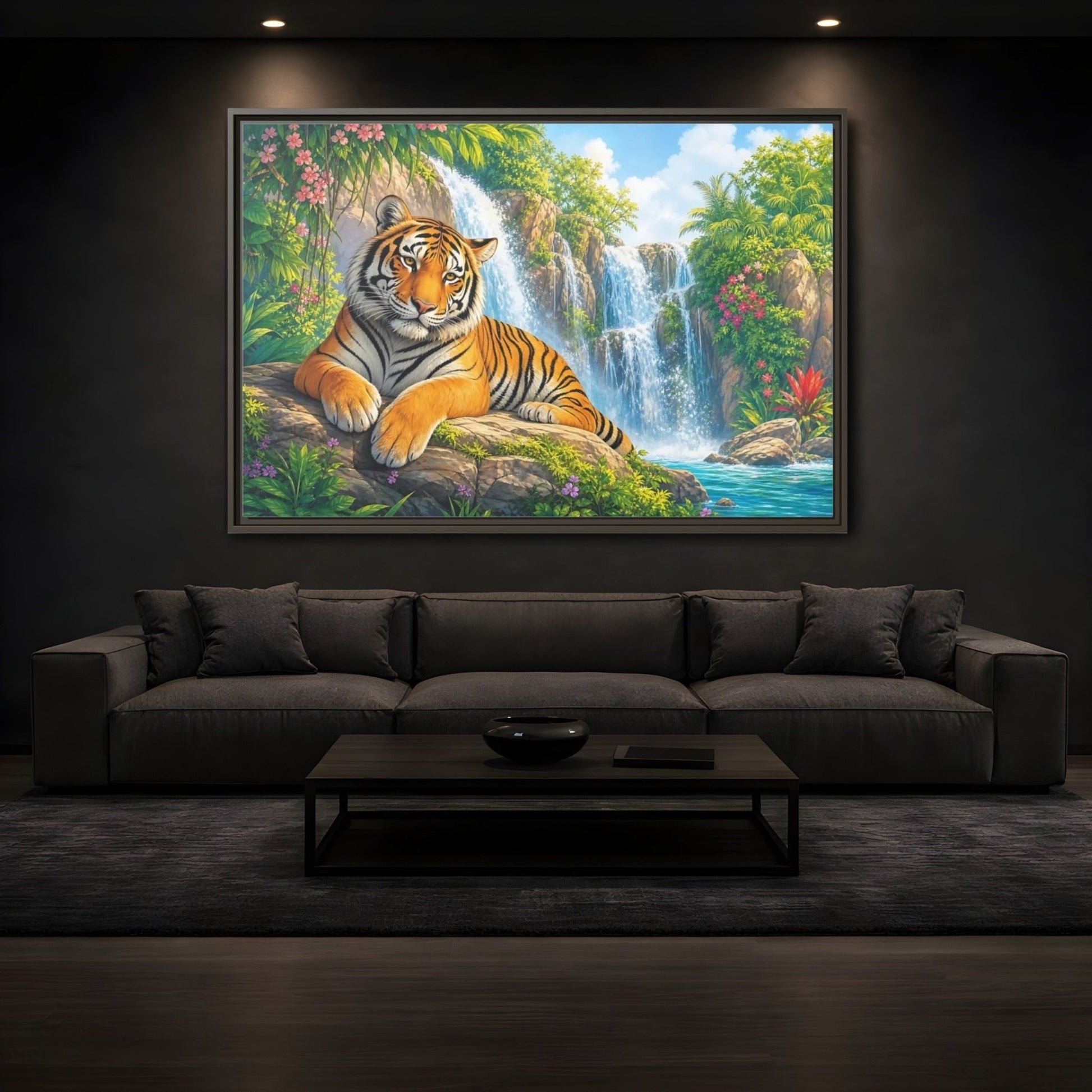 Animals Tiger Orange Waterfall Framed Canvas Print – Vibrant Living Room, Large Wall - YesArtYes