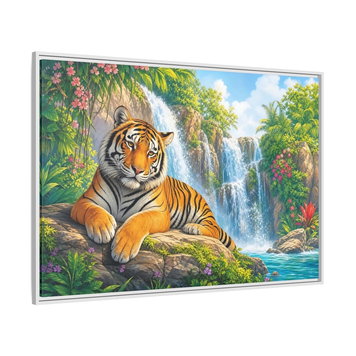 Animals Tiger Orange Waterfall Framed Canvas Print – Vibrant Living Room, Large Wall - YesArtYes