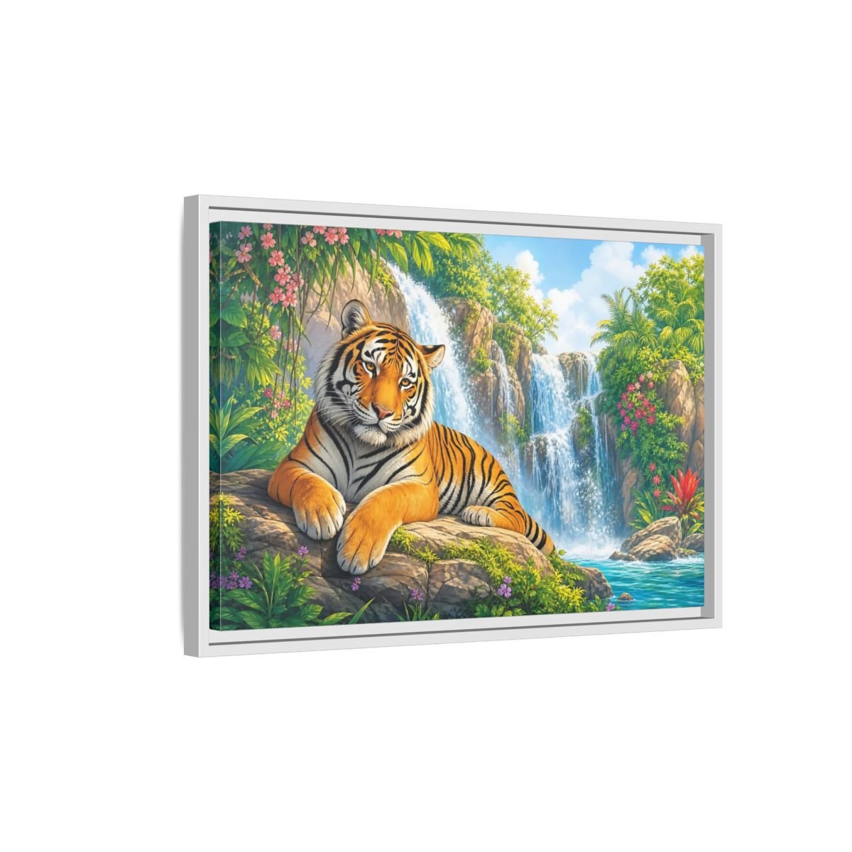 Animals Tiger Orange Waterfall Framed Canvas Print – Vibrant Living Room, Large Wall - YesArtYes