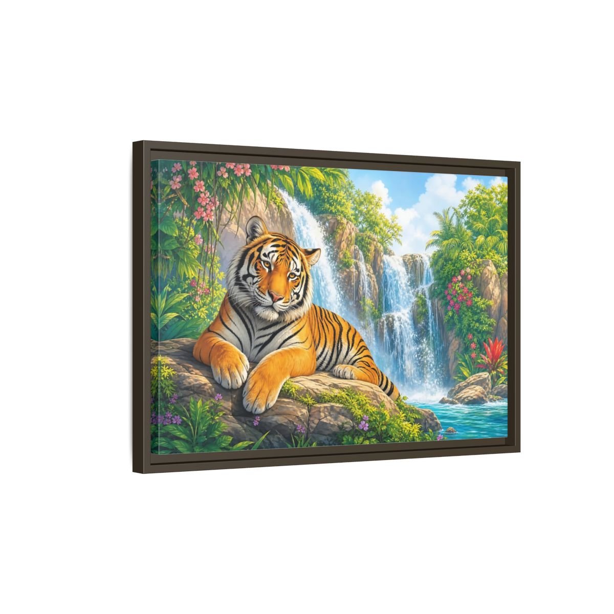 Animals Tiger Orange Waterfall Framed Canvas Print – Vibrant Living Room, Large Wall - YesArtYes