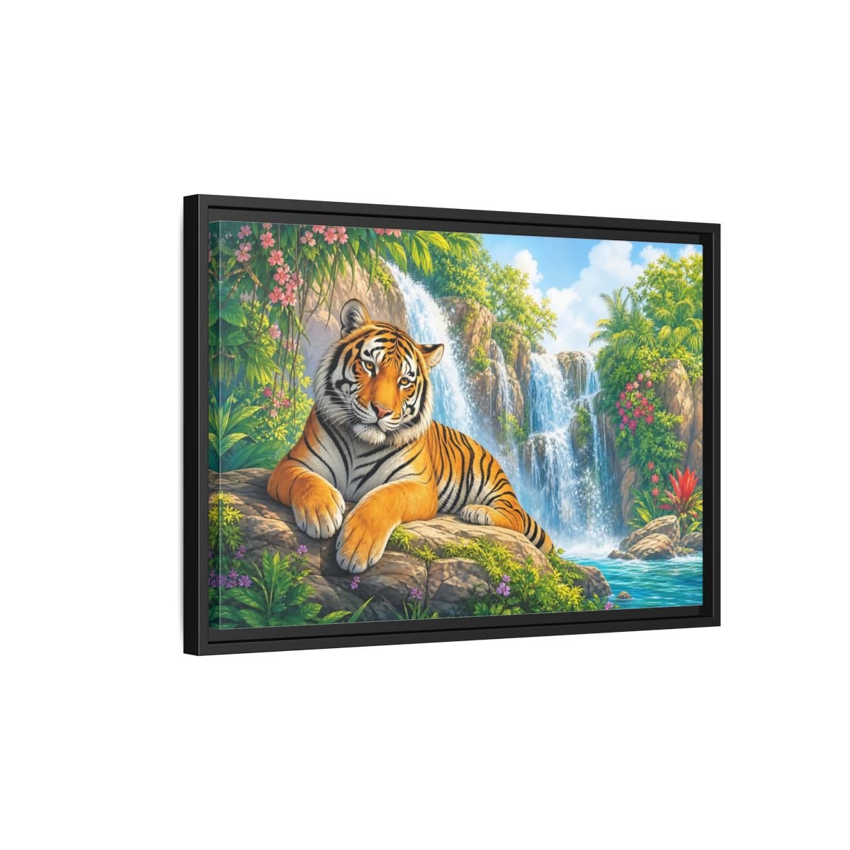 Animals Tiger Orange Waterfall Framed Canvas Print – Vibrant Living Room, Large Wall - YesArtYes