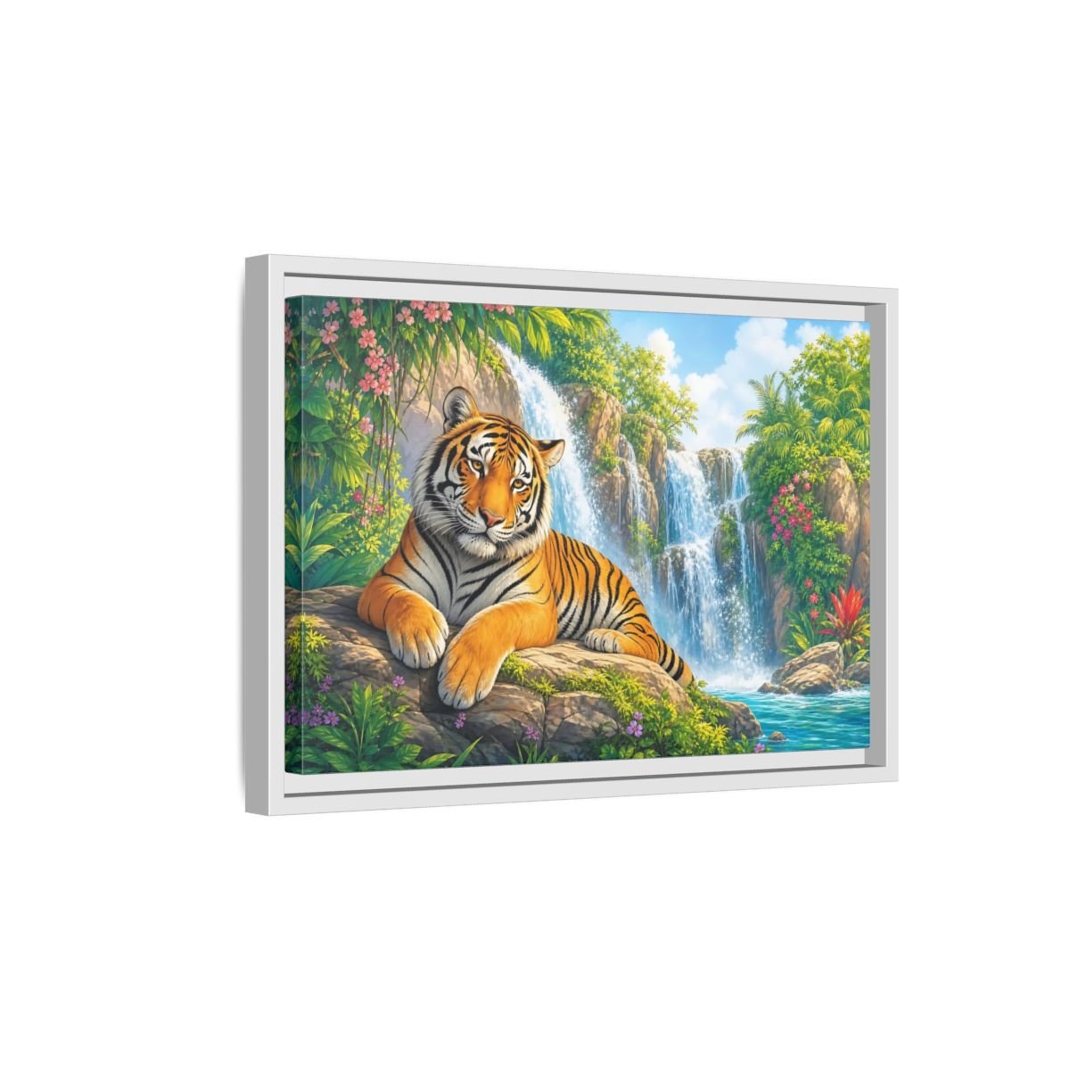 Animals Tiger Orange Waterfall Framed Canvas Print – Vibrant Living Room, Large Wall - YesArtYes