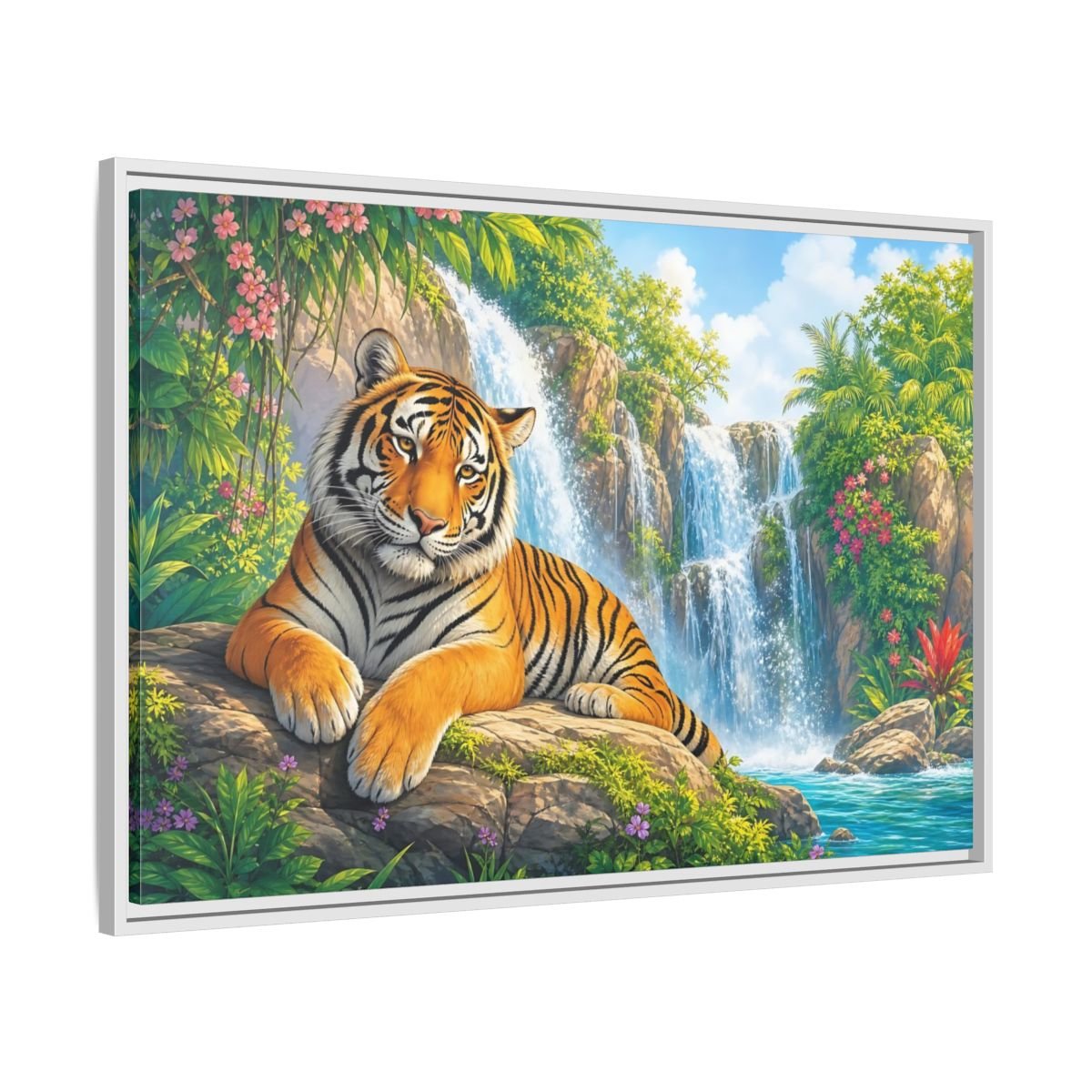 Animals Tiger Orange Waterfall Framed Canvas Print – Vibrant Living Room, Large Wall - YesArtYes