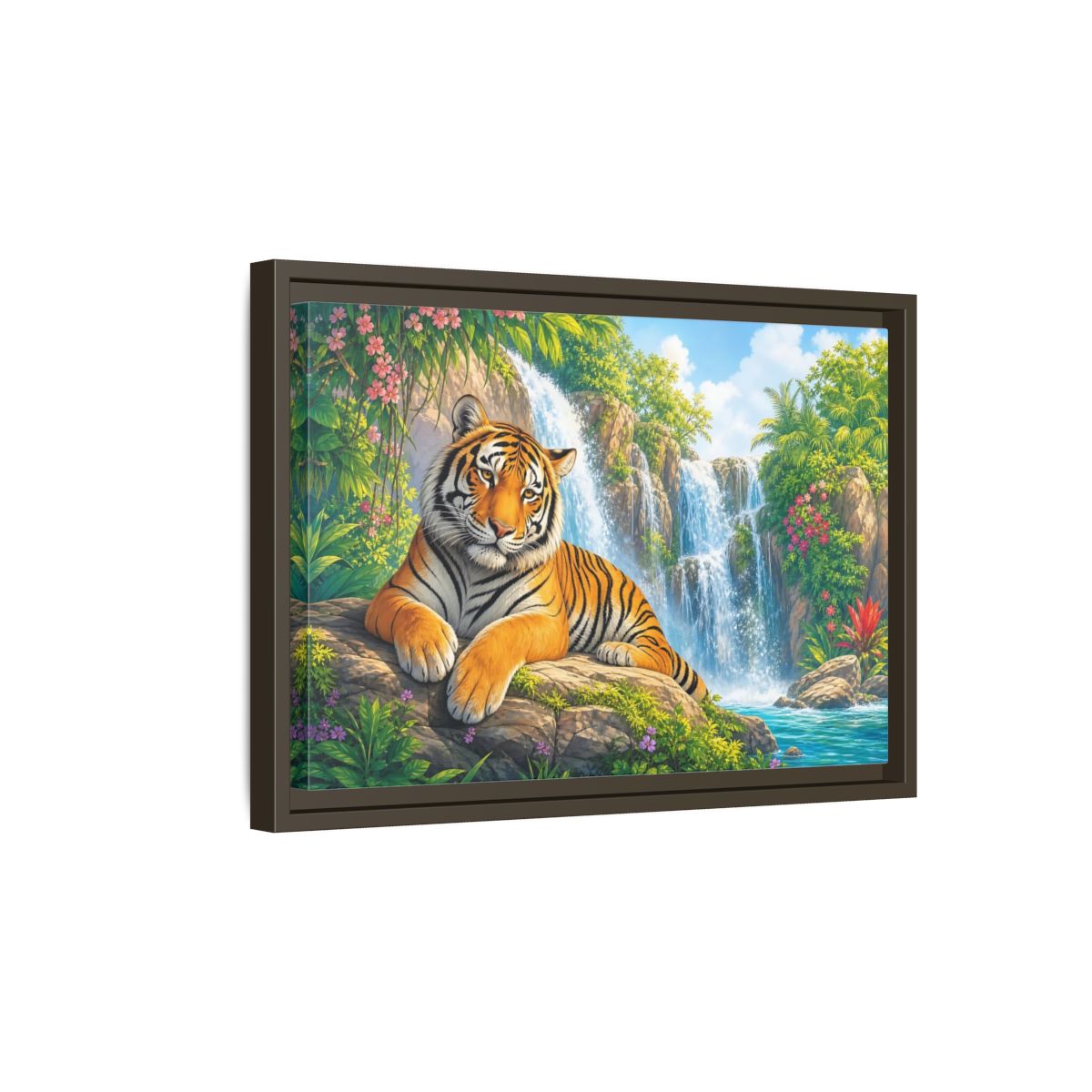 Side Mockup 5. Animals Tiger Orange Tiger Waterfall shown as stretched canvas wall art