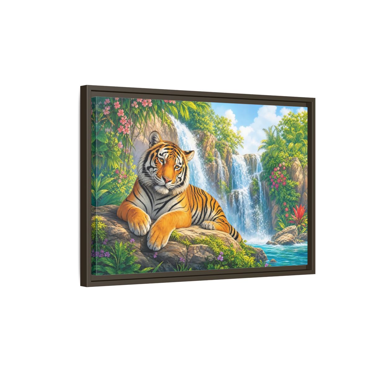 Side Mockup 2. Animals Tiger Orange Tiger Waterfall shown as stretched canvas wall art