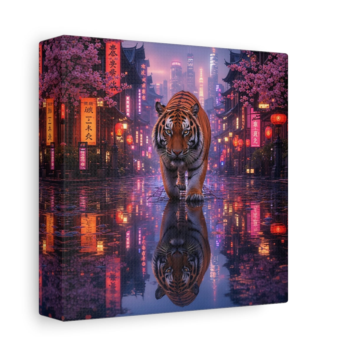 Side Mockup 2. Animals Tiger Pink Neon Tiger shown as stretched canvas wall art