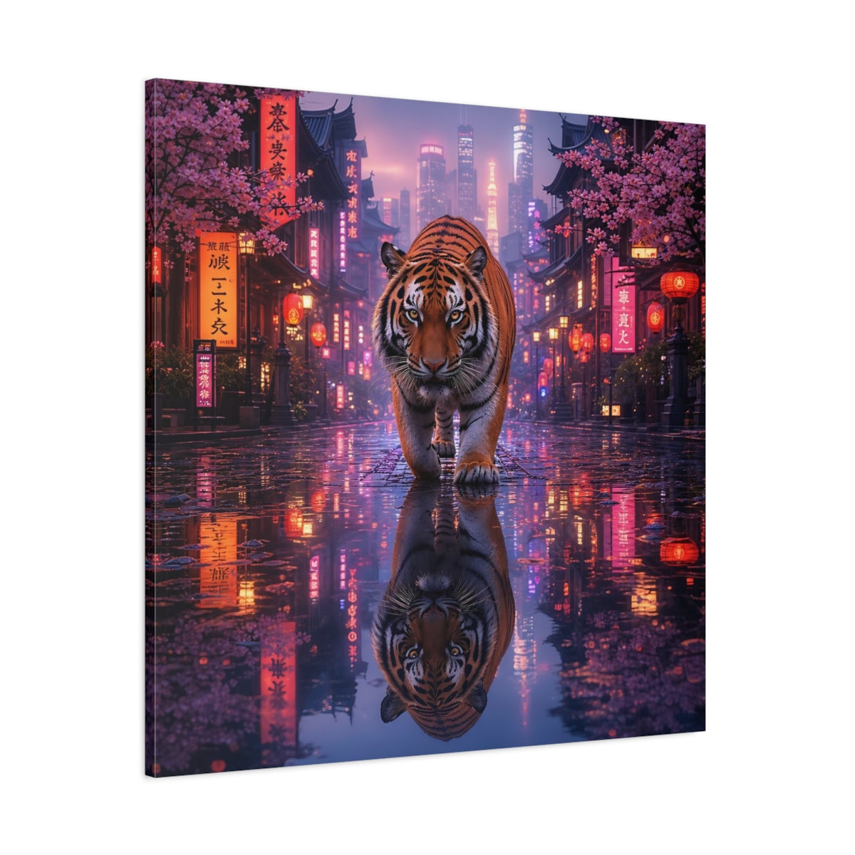 Side Mockup 1. Animals Tiger Pink Neon Tiger shown as stretched canvas wall art
