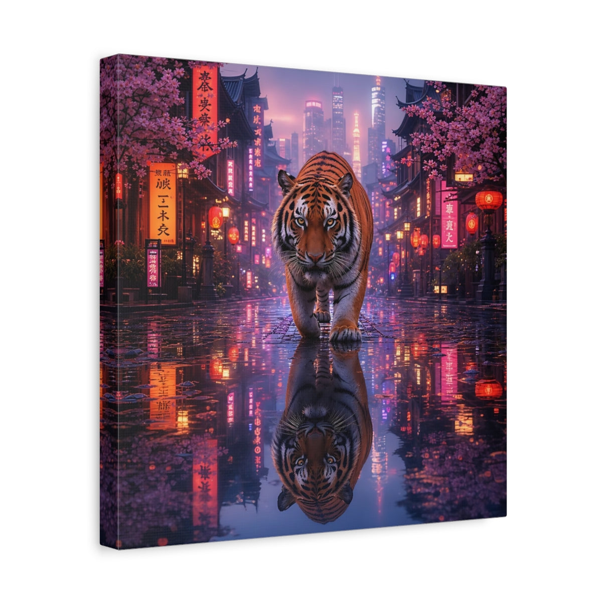 Side Mockup 7. Animals Tiger Pink Neon Tiger shown as stretched canvas wall art