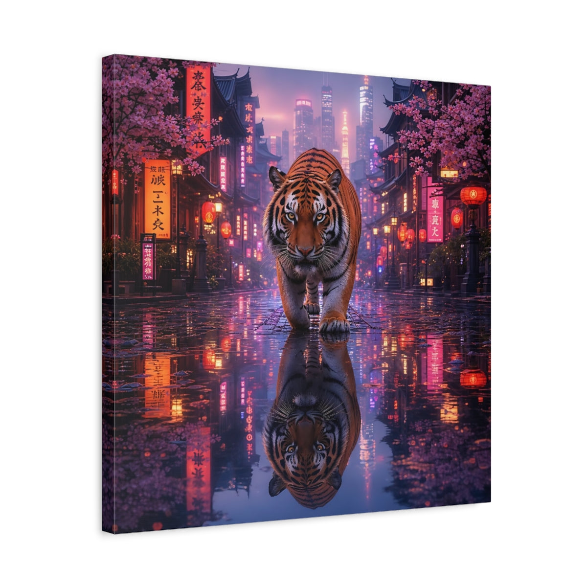 Side Mockup 5. Animals Tiger Pink Neon Tiger shown as stretched canvas wall art