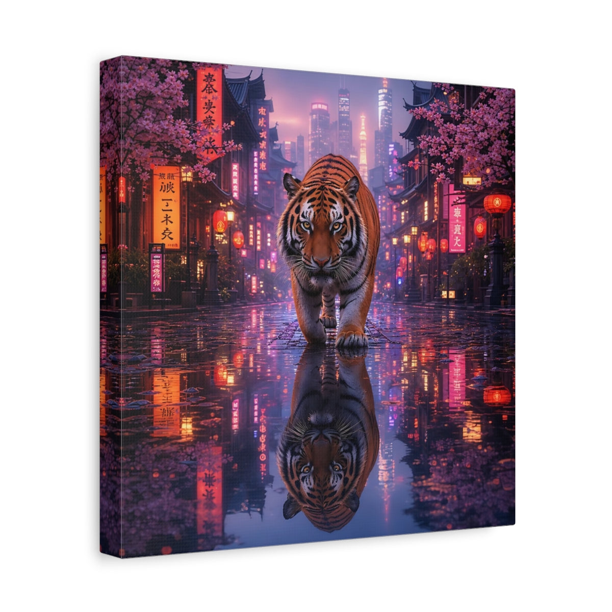 Side Mockup 8. Animals Tiger Pink Neon Tiger shown as stretched canvas wall art
