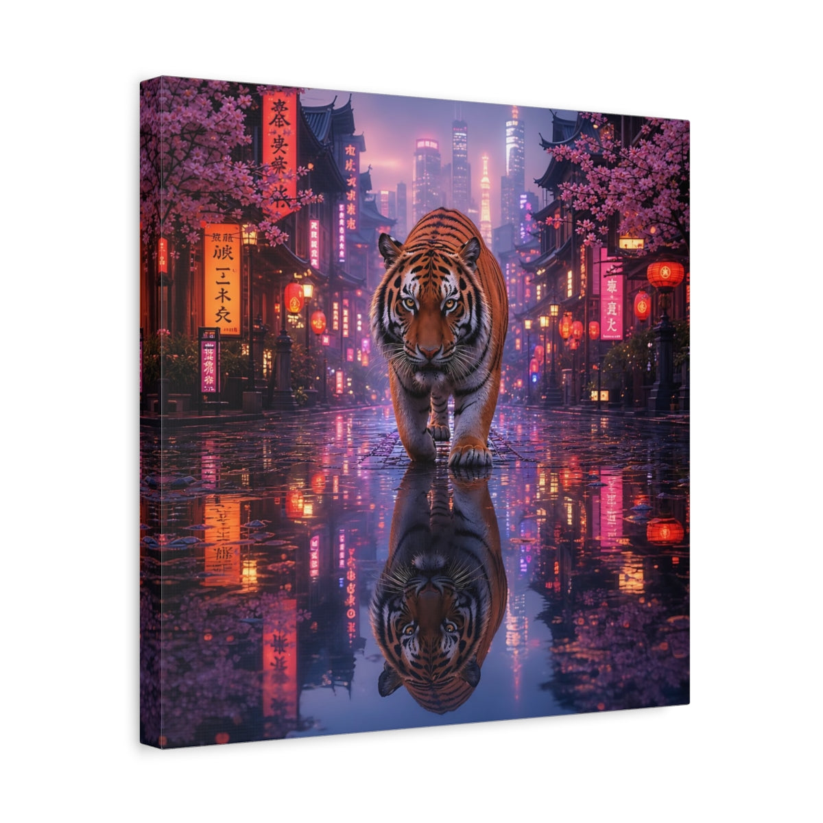 Side Mockup 6. Animals Tiger Pink Neon Tiger shown as stretched canvas wall art