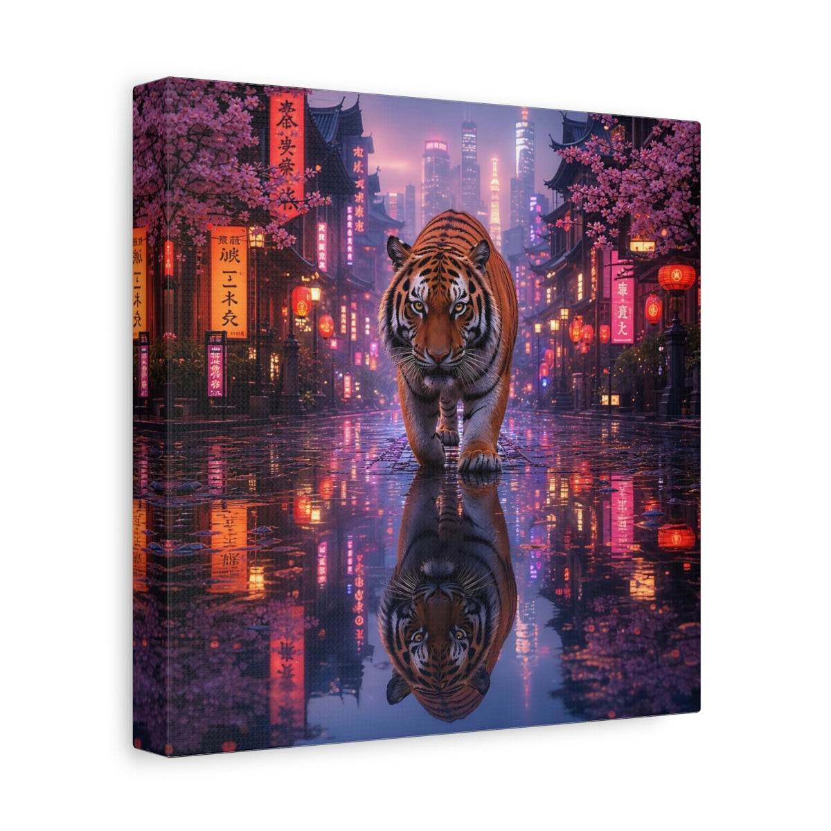 Side Mockup 9. Animals Tiger Pink Neon Tiger shown as stretched canvas wall art