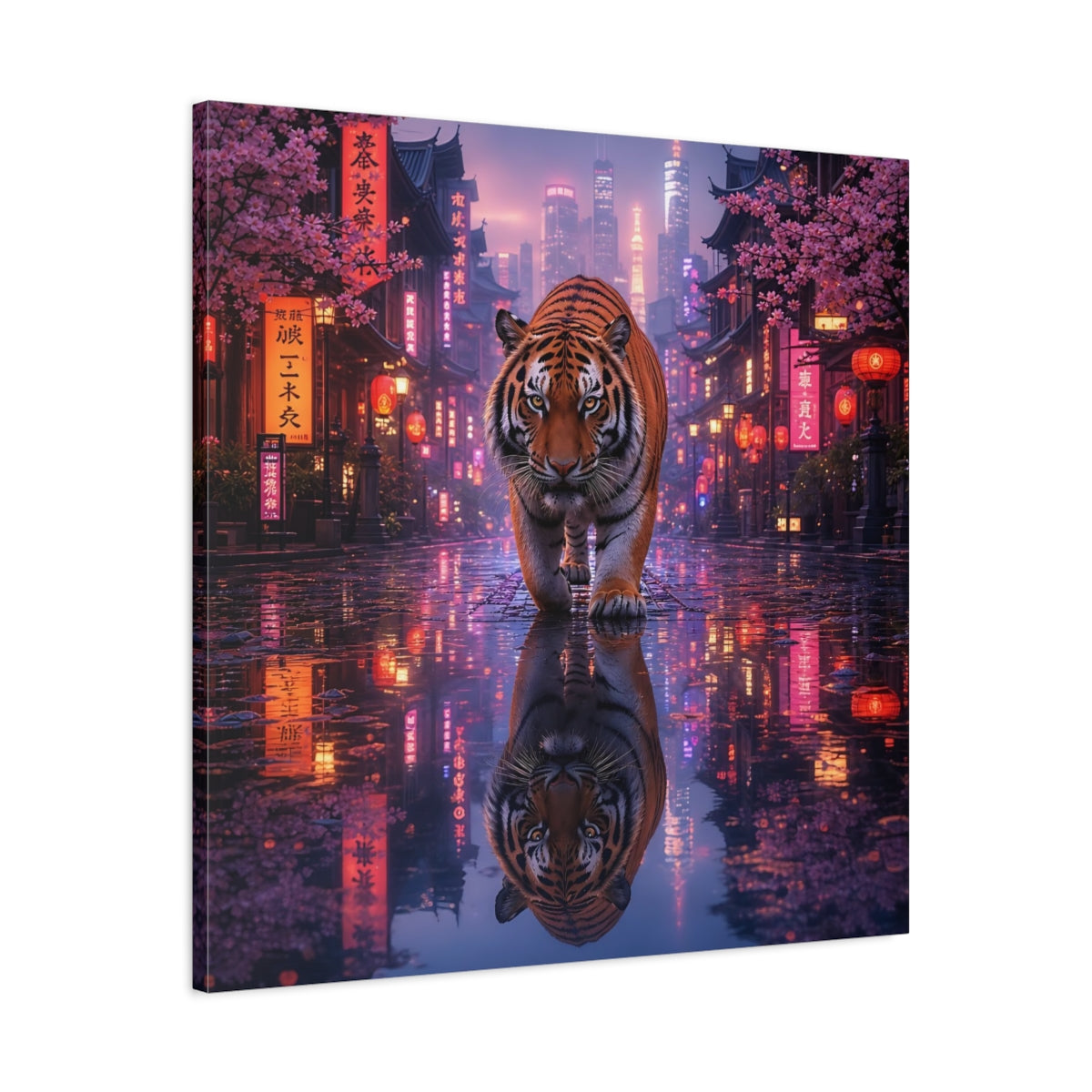 Side Mockup 3. Animals Tiger Pink Neon Tiger shown as stretched canvas wall art