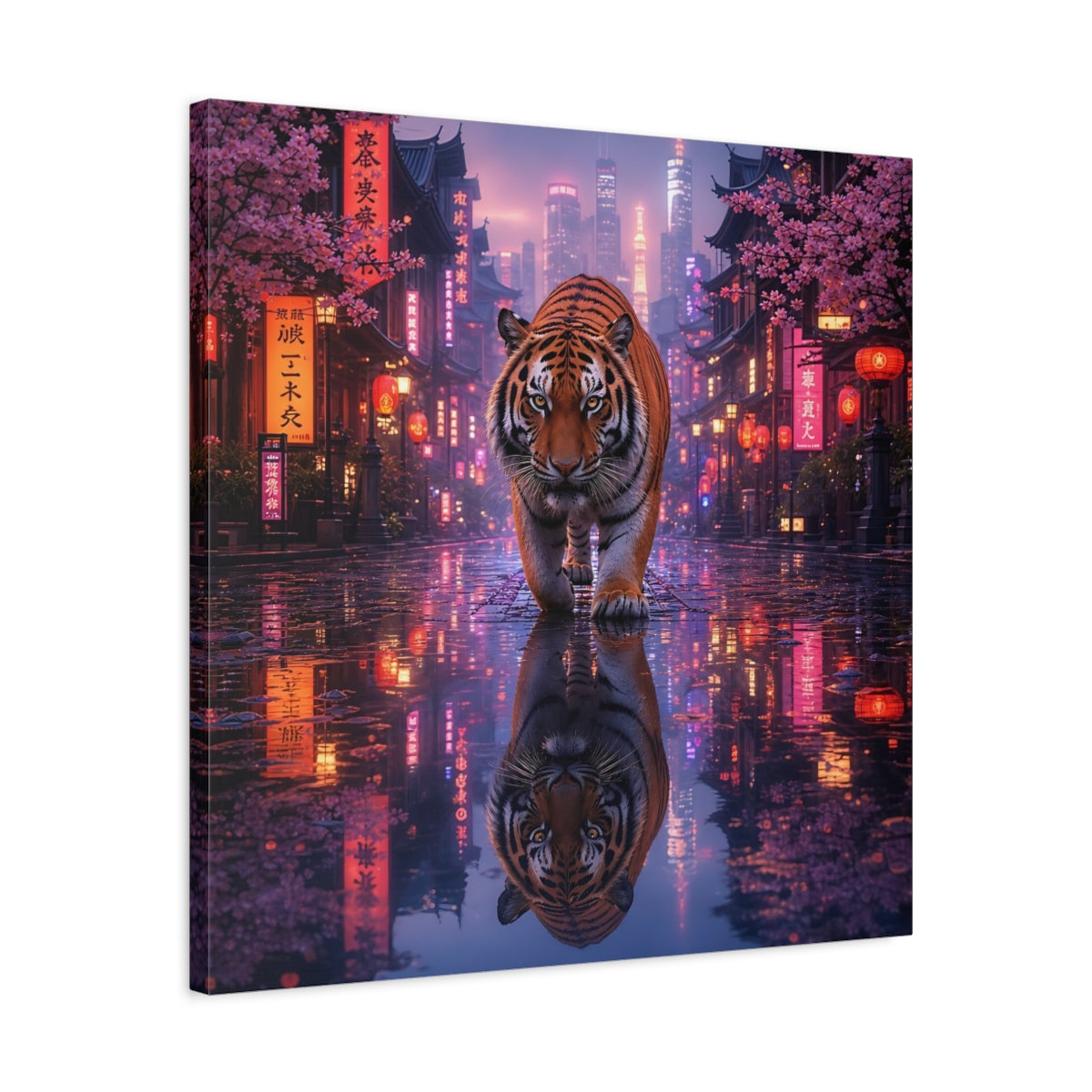 Side Mockup 4. Animals Tiger Pink Neon Tiger shown as stretched canvas wall art