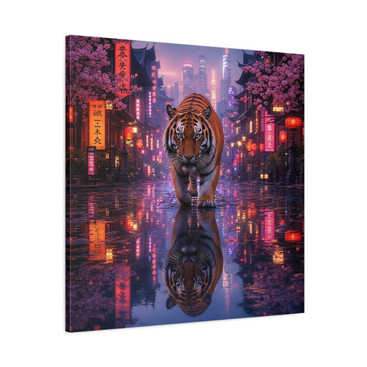 Main Mockup. Animals Tiger Pink Neon Tiger shown as stretched canvas wall art