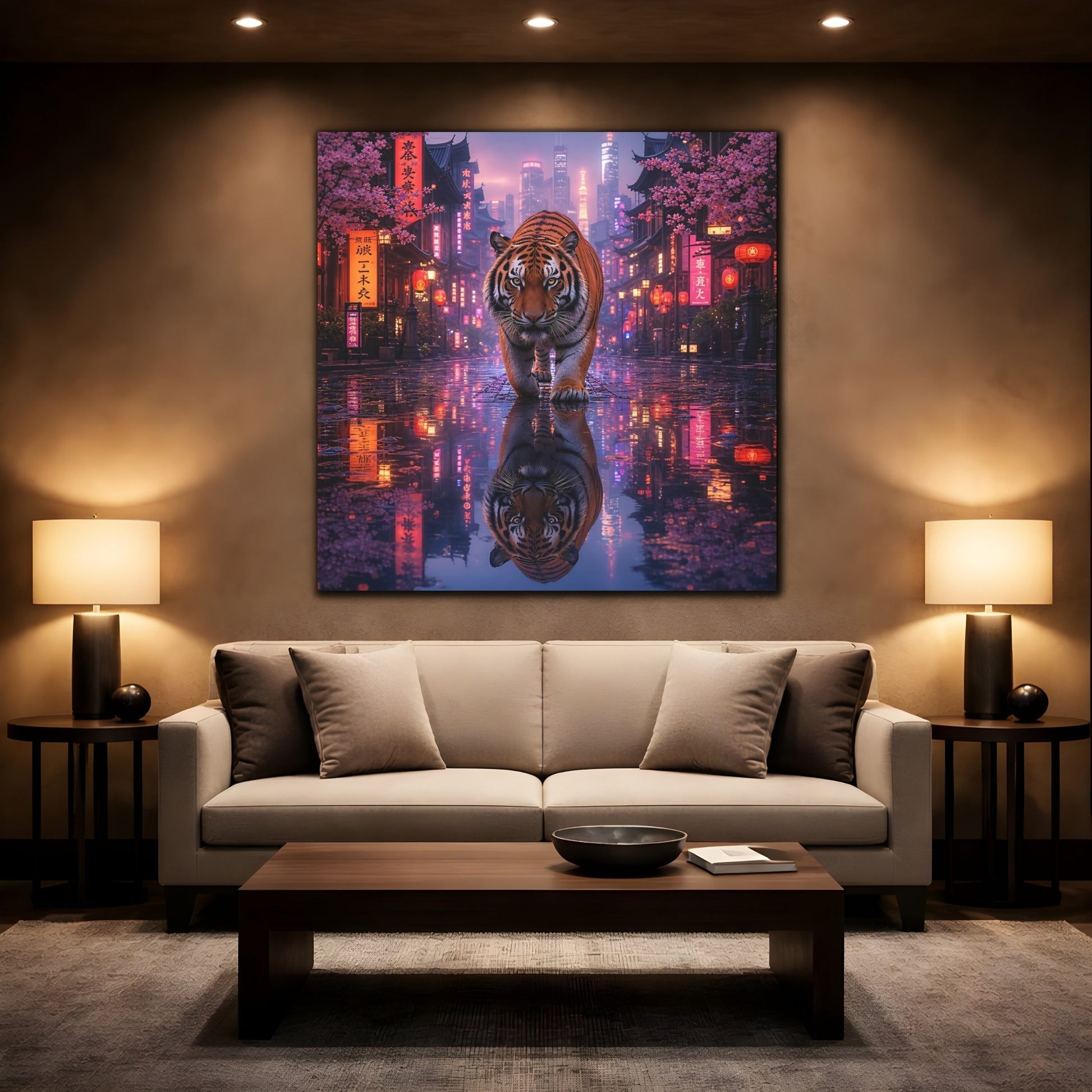 Mockup 2. Animals Tiger Pink Neon Tiger shown as stretched canvas wall art