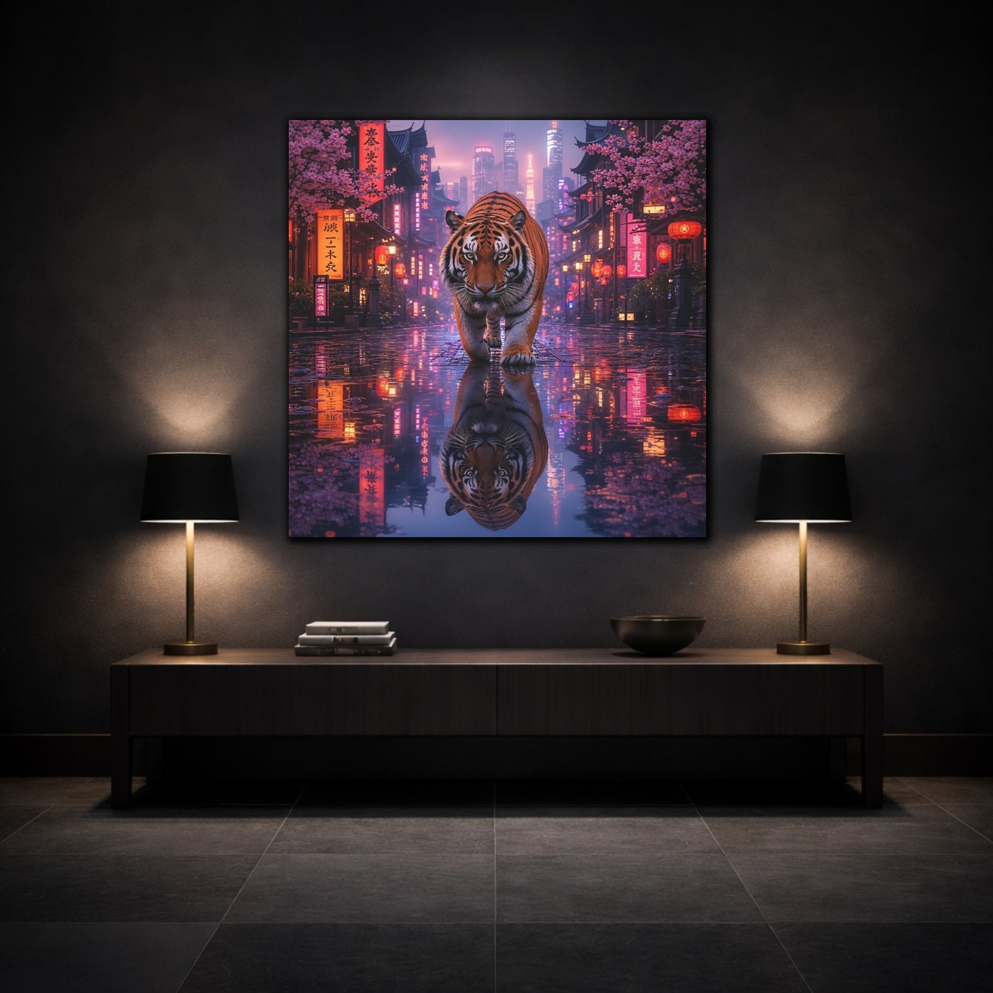 Mockup 3. Animals Tiger Pink Neon Tiger shown as stretched canvas wall art