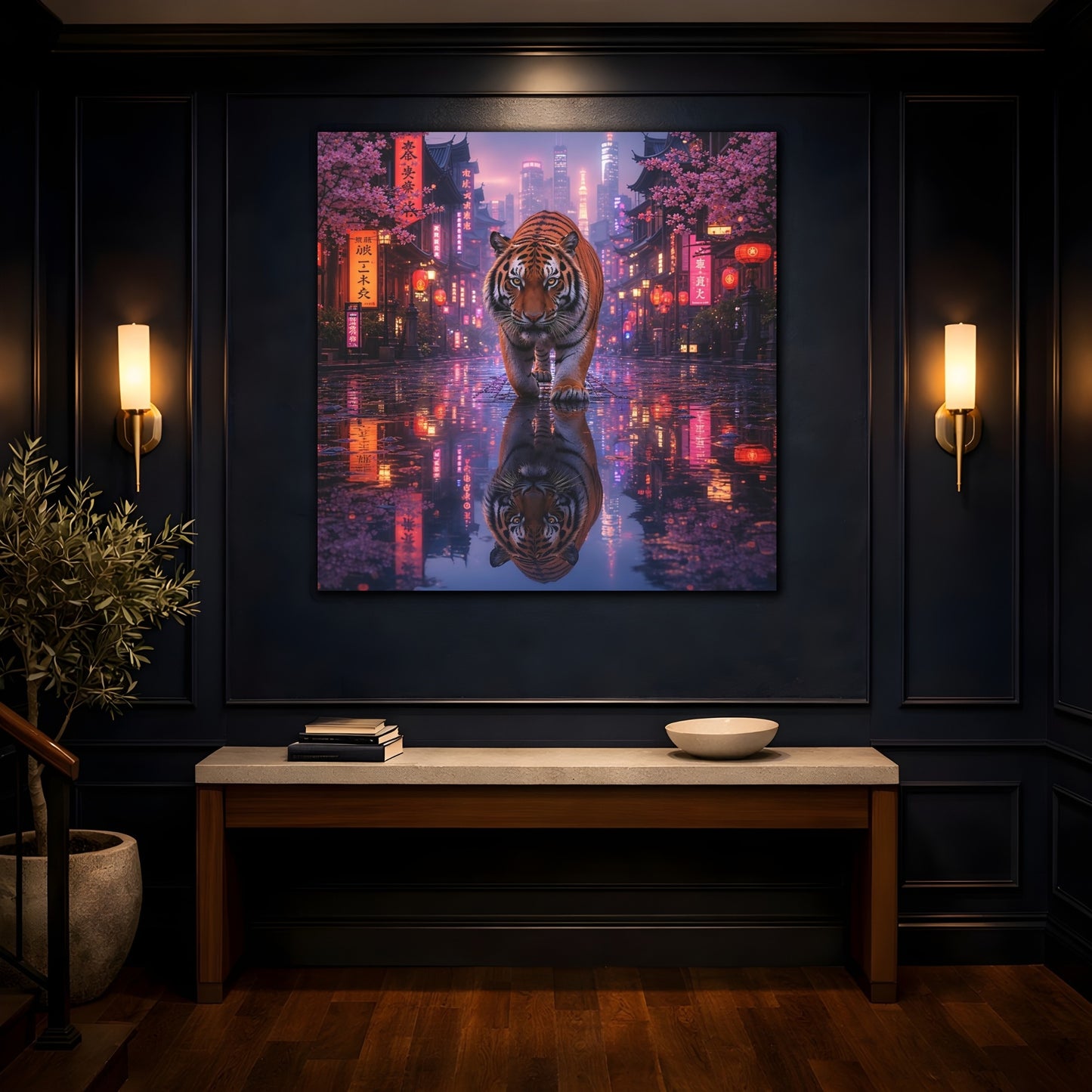 Mockup 4. Animals Tiger Pink Neon Tiger shown as stretched canvas wall art