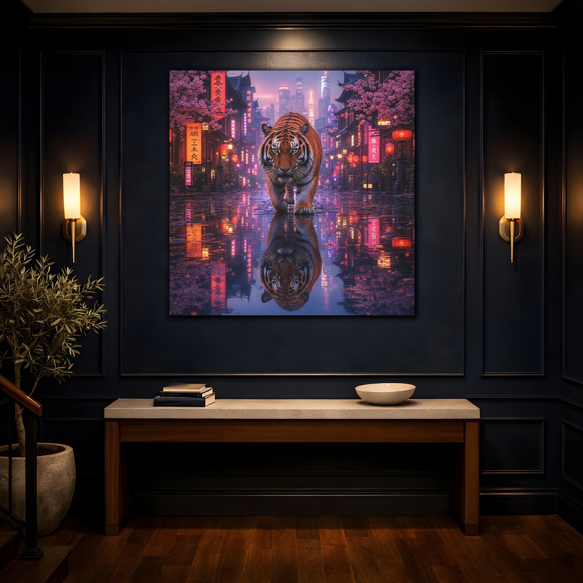 Mockup 4. Animals Tiger Pink Neon Tiger shown as stretched canvas wall art