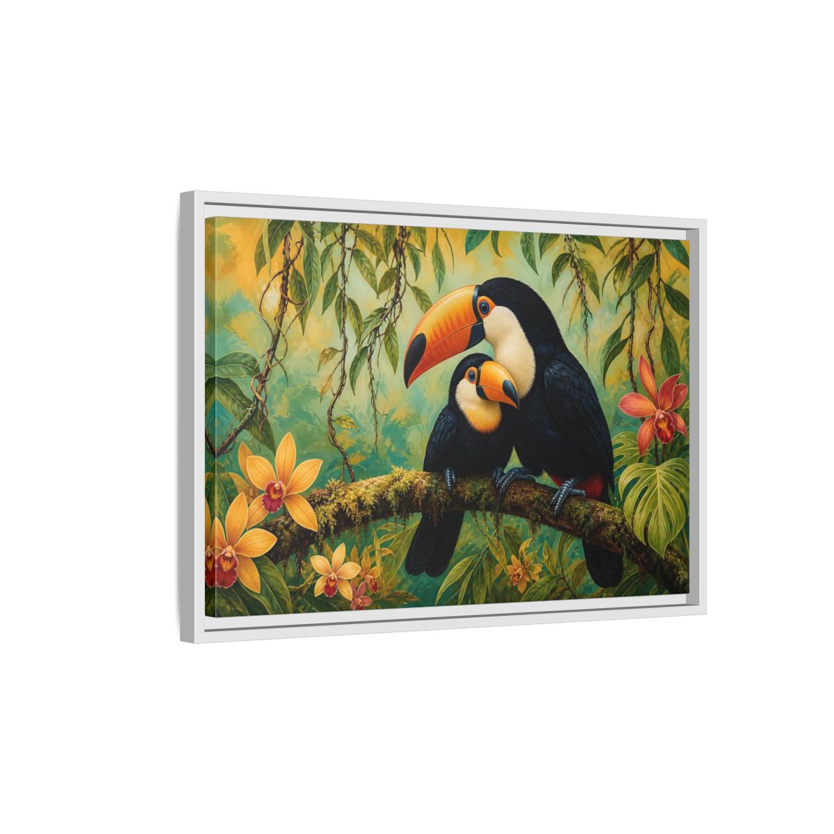 Side Mockup 1. Animals Toucans Green Toucans shown as stretched canvas wall art