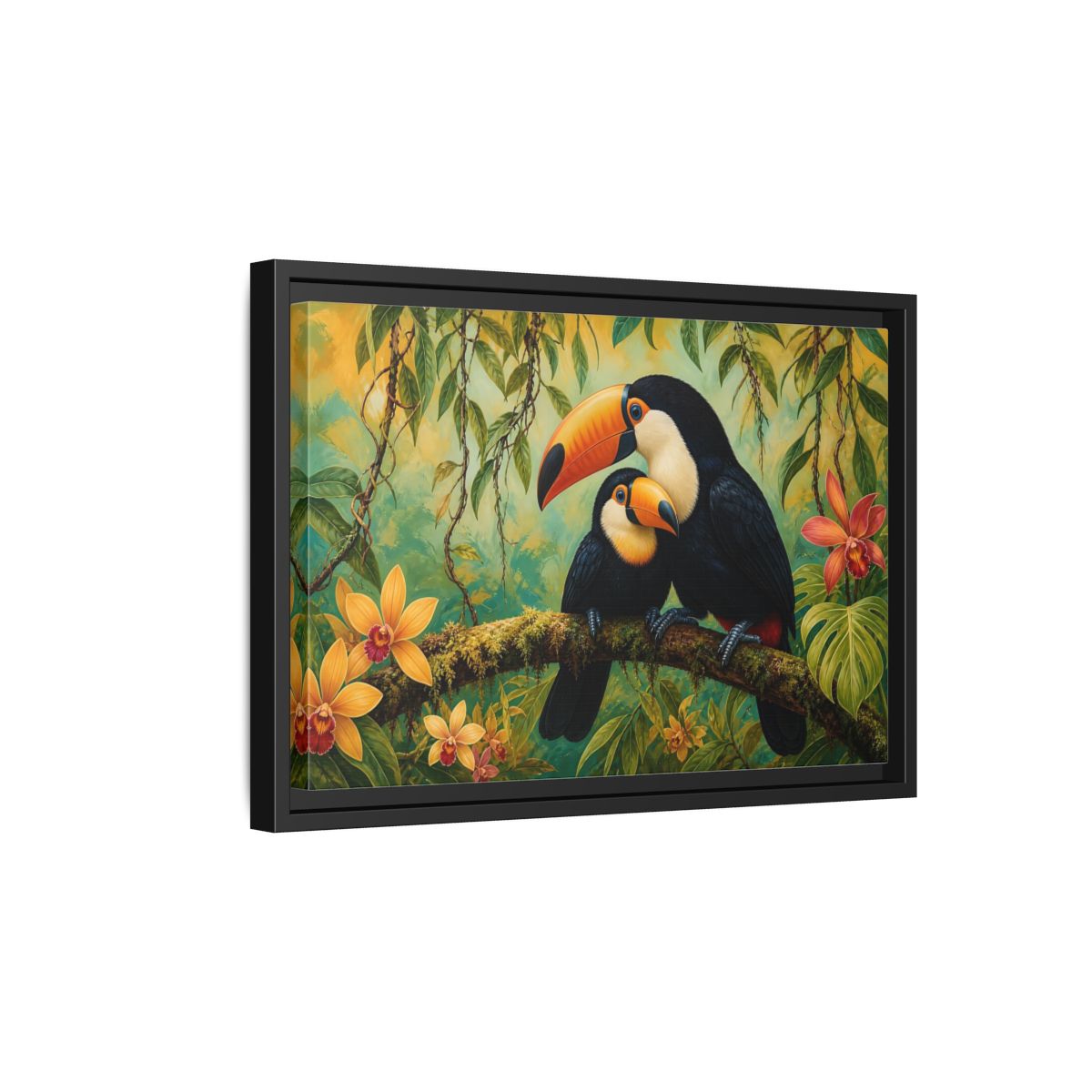 Side Mockup 6. Animals Toucans Green Toucans shown as stretched canvas wall art