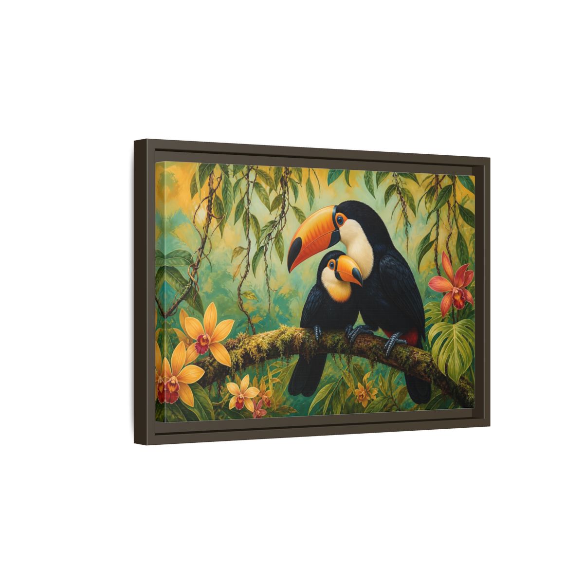 Side Mockup 5. Animals Toucans Green Toucans shown as stretched canvas wall art