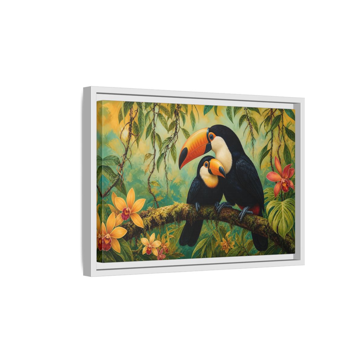 Side Mockup 4. Animals Toucans Green Toucans shown as stretched canvas wall art