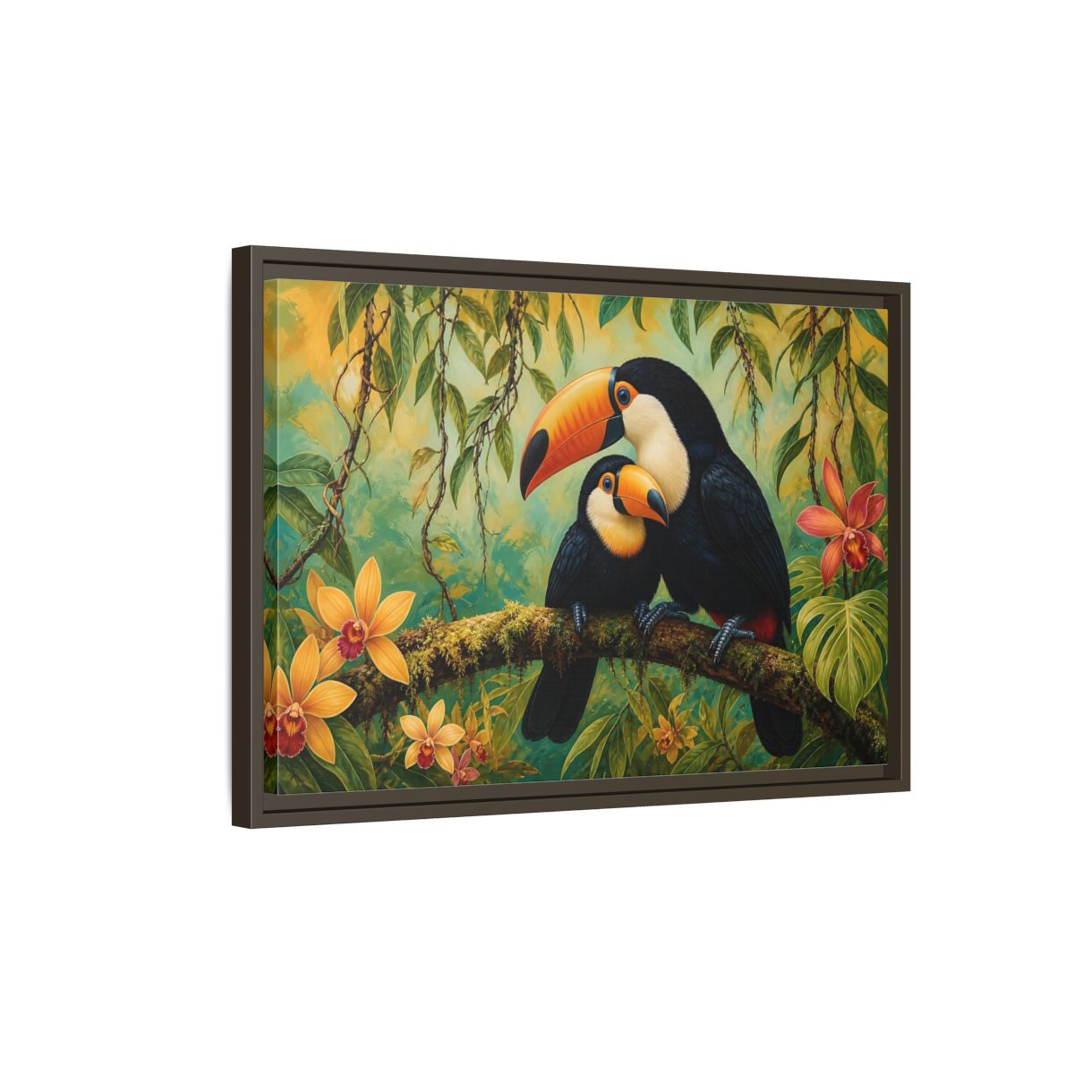 Side Mockup 2. Animals Toucans Green Toucans shown as stretched canvas wall art