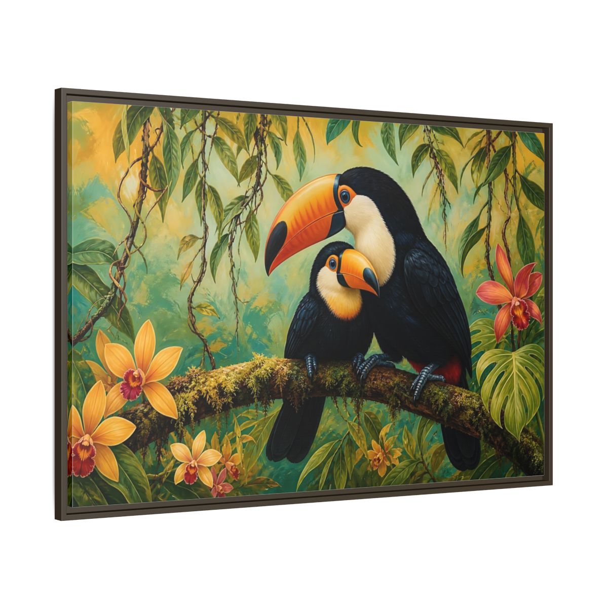Side Mockup 8. Animals Toucans Green Toucans shown as stretched canvas wall art
