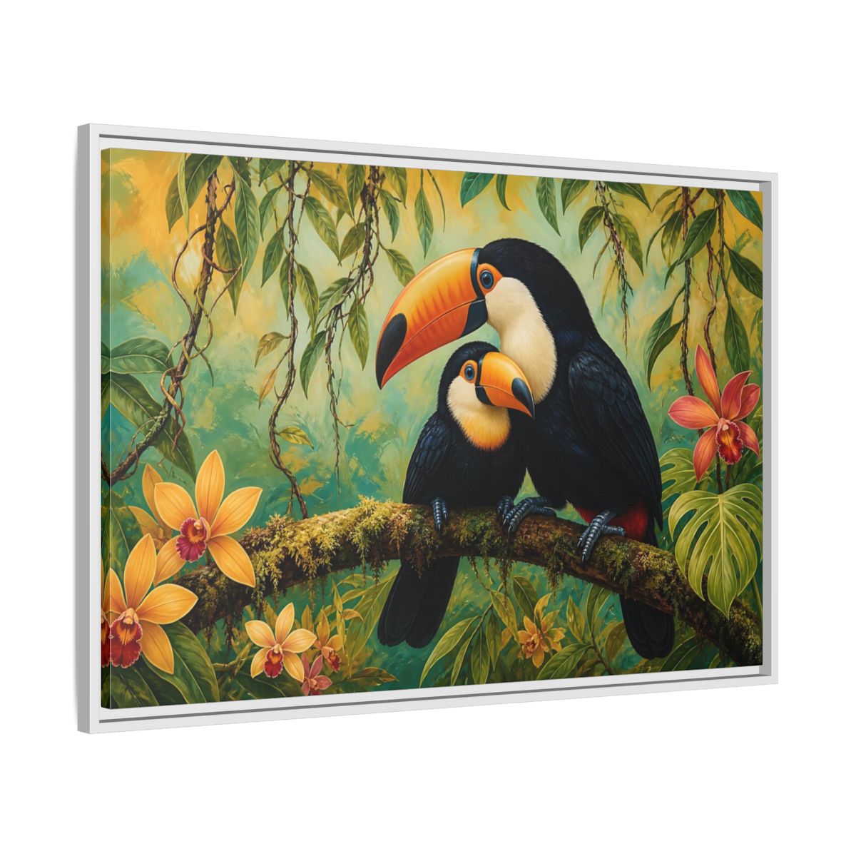 Side Mockup 9. Animals Toucans Green Toucans shown as stretched canvas wall art