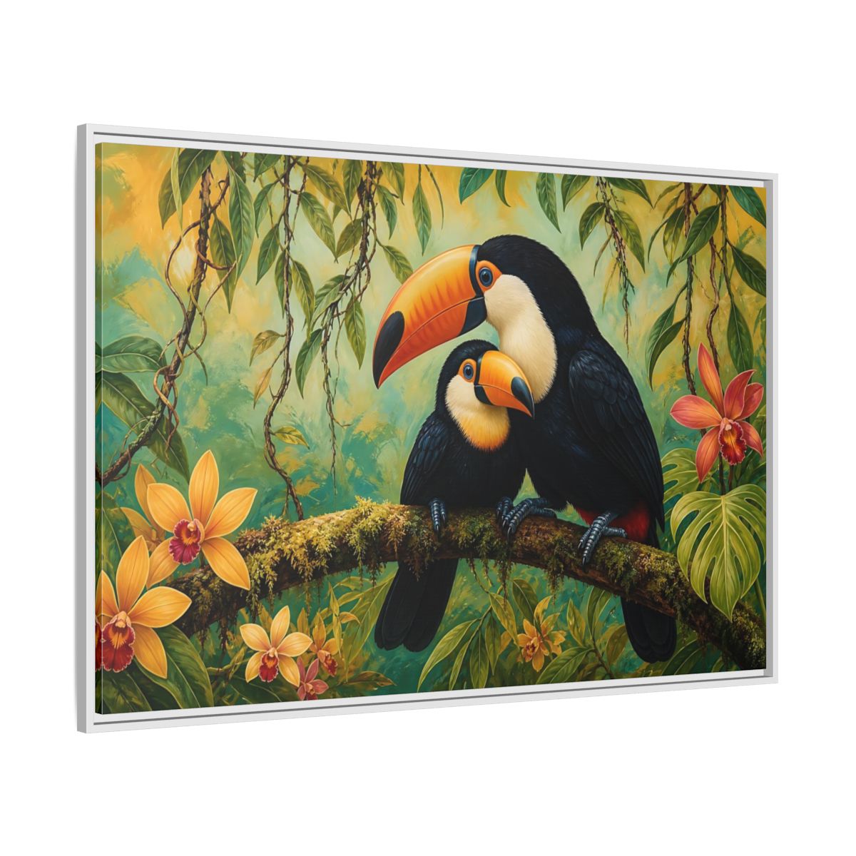 Side Mockup 7. Animals Toucans Green Toucans shown as stretched canvas wall art