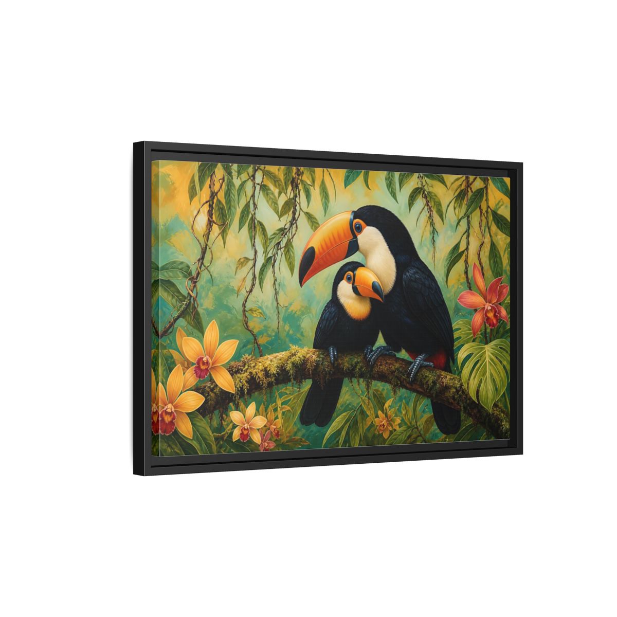 Side Mockup 3. Animals Toucans Green Toucans shown as stretched canvas wall art