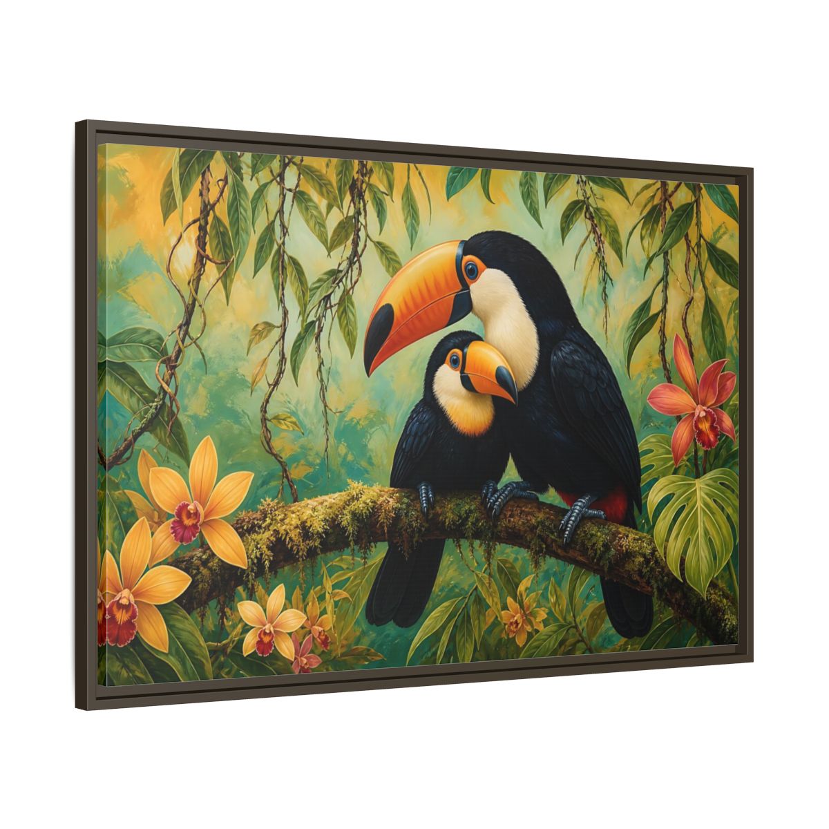 Main Mockup. Animals Toucans Green Toucans shown as stretched canvas wall art