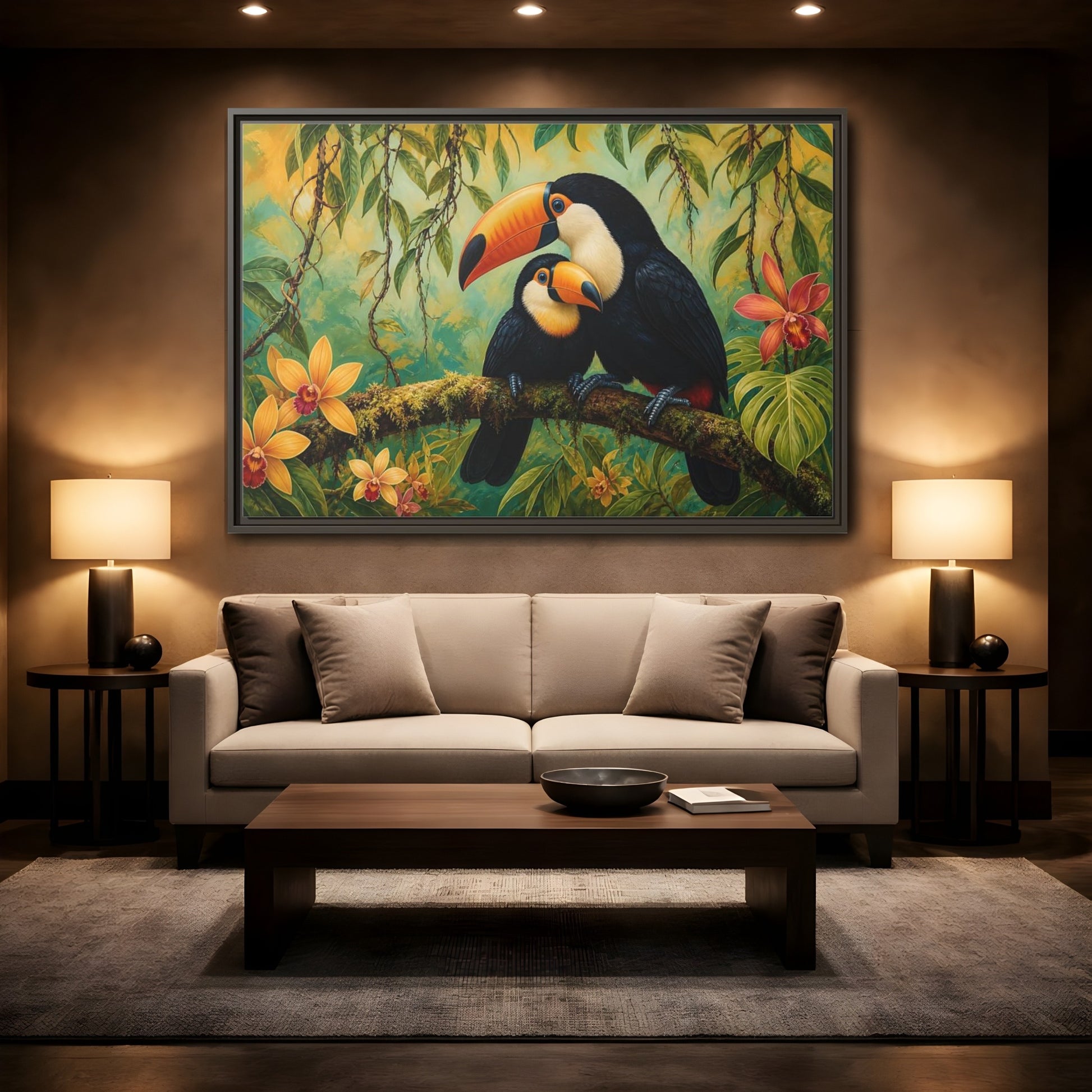 Mockup 2. Animals Toucans Green Toucans shown as stretched canvas wall art