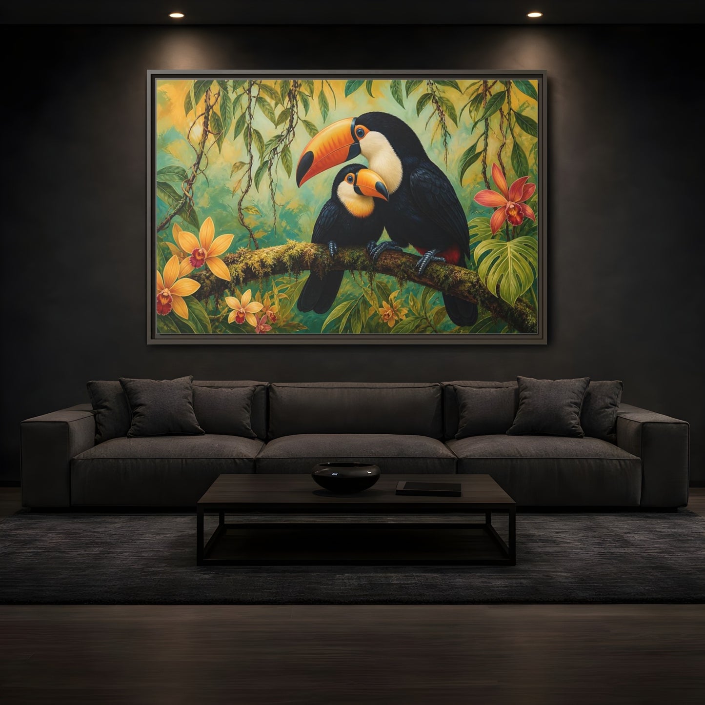 Mockup 3. Animals Toucans Green Toucans shown as stretched canvas wall art