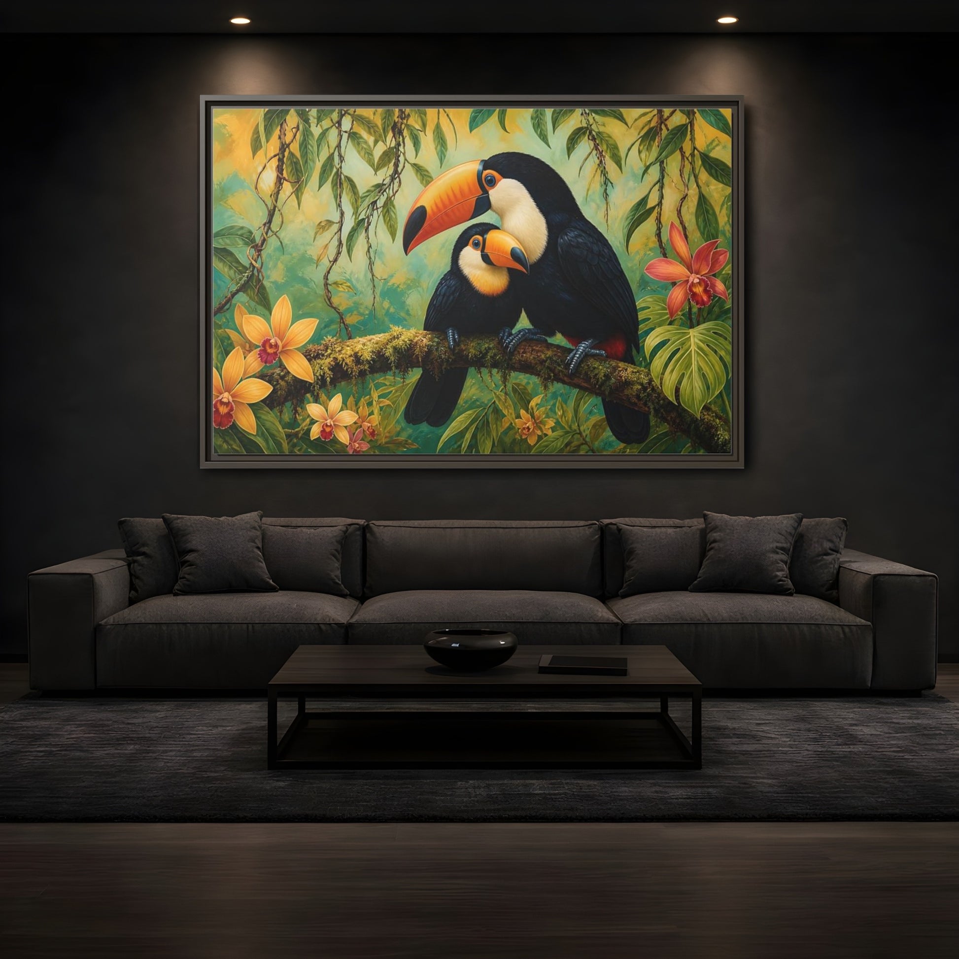 Mockup 3. Animals Toucans Green Toucans shown as stretched canvas wall art