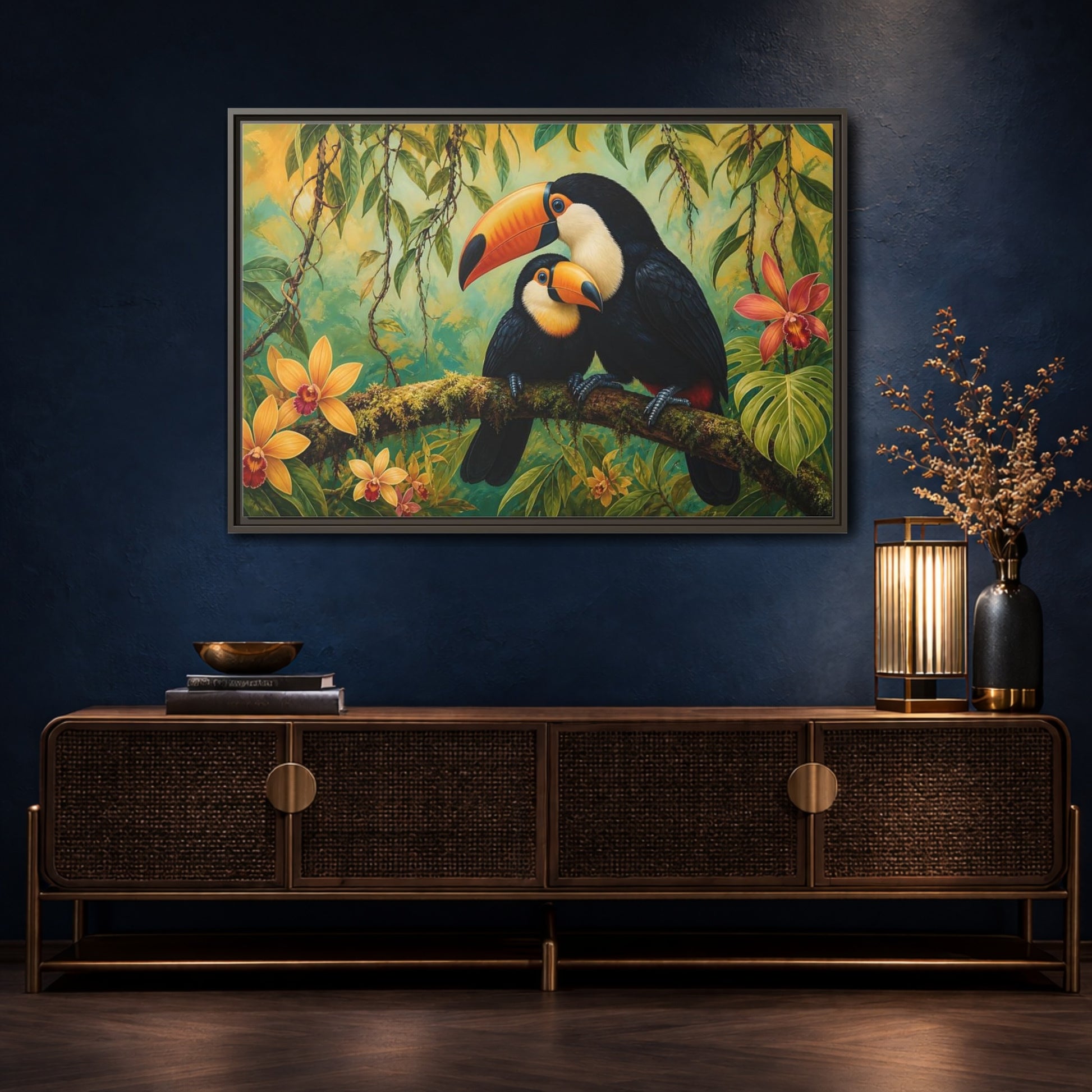 Mockup 4. Animals Toucans Green Toucans shown as stretched canvas wall art