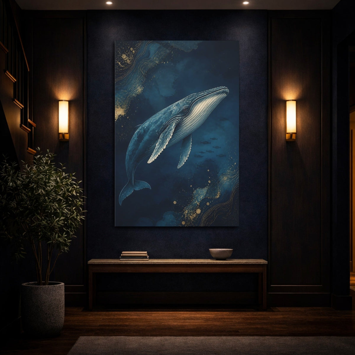 Animals Twilight Blue Whale Canvas Print – Living Room, Above Couch, Deep Navy & Gold - YesArtYes