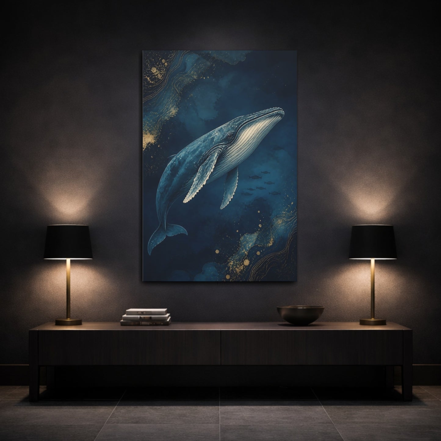 Mockup 3. Animals Twilight Blue Whale shown as canvas print